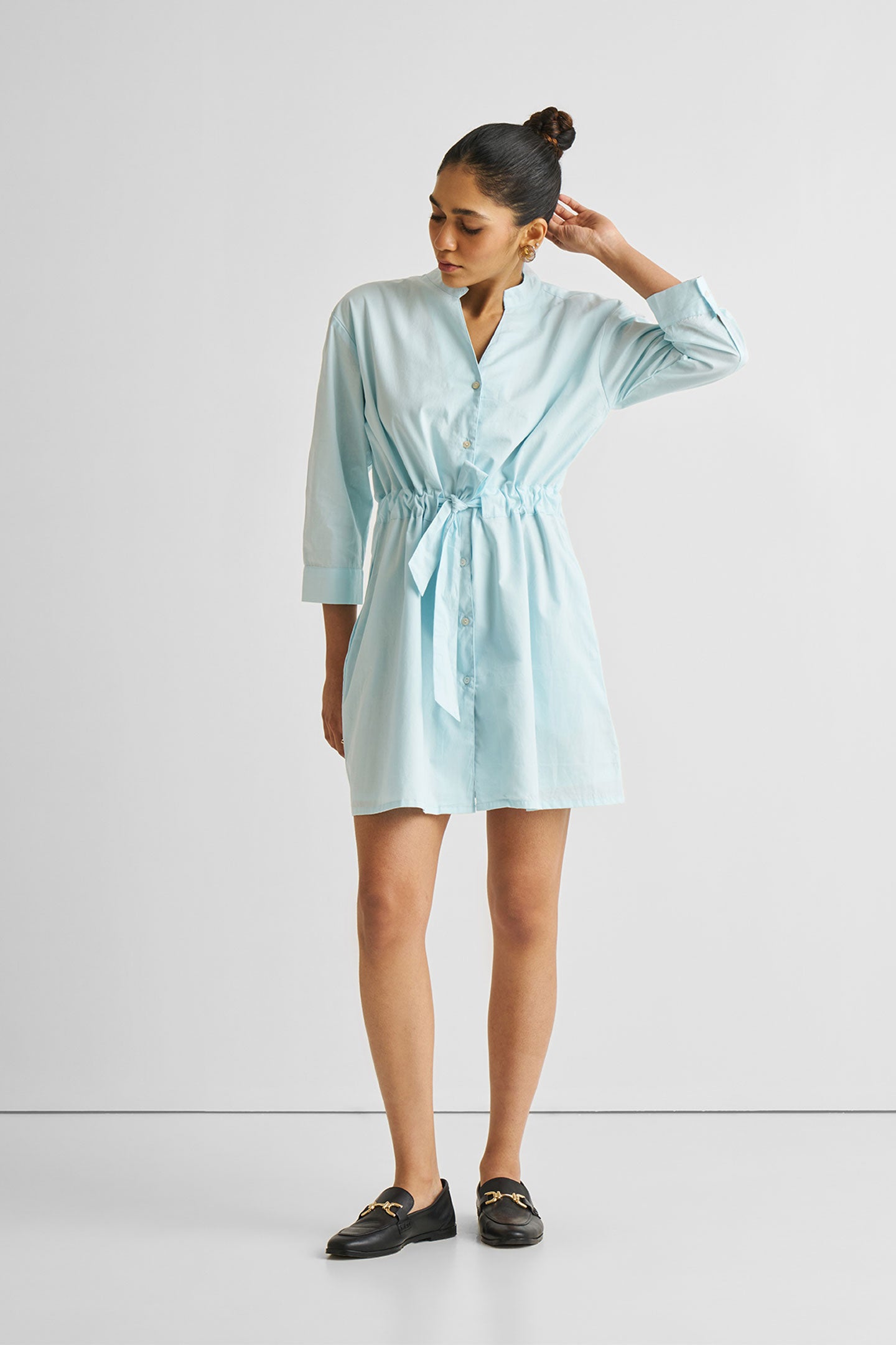 Short Tie Waist Dress in Summer Blue Long Shot