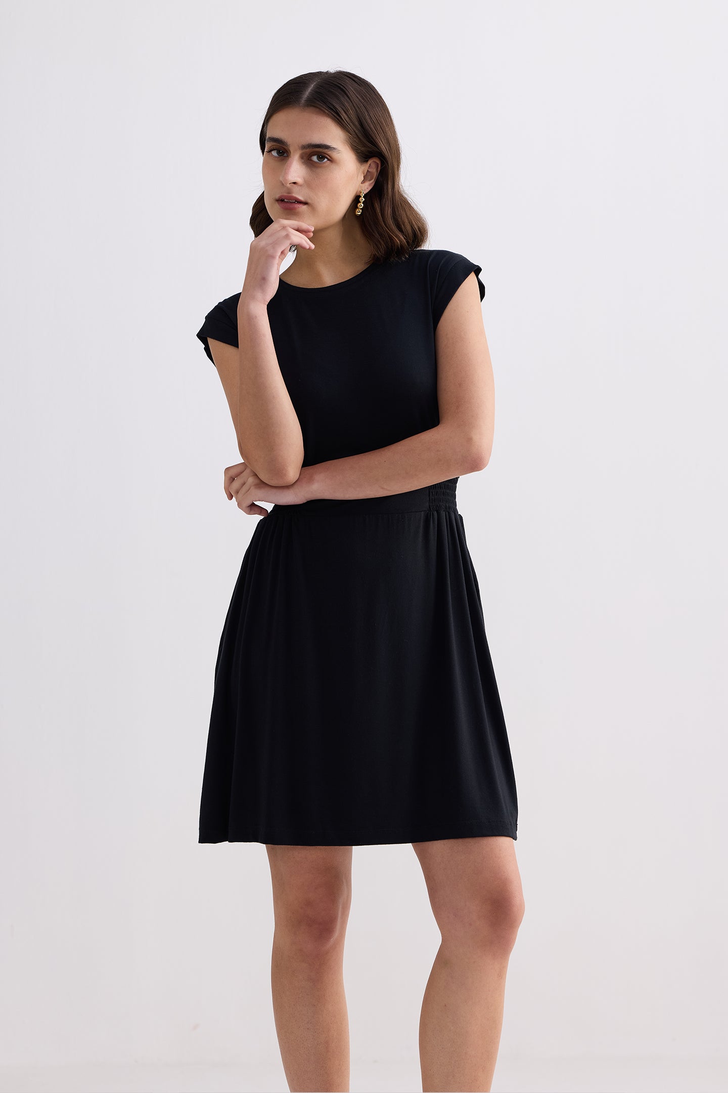 Short Dress With Smocking Side Detail in Black Longshot