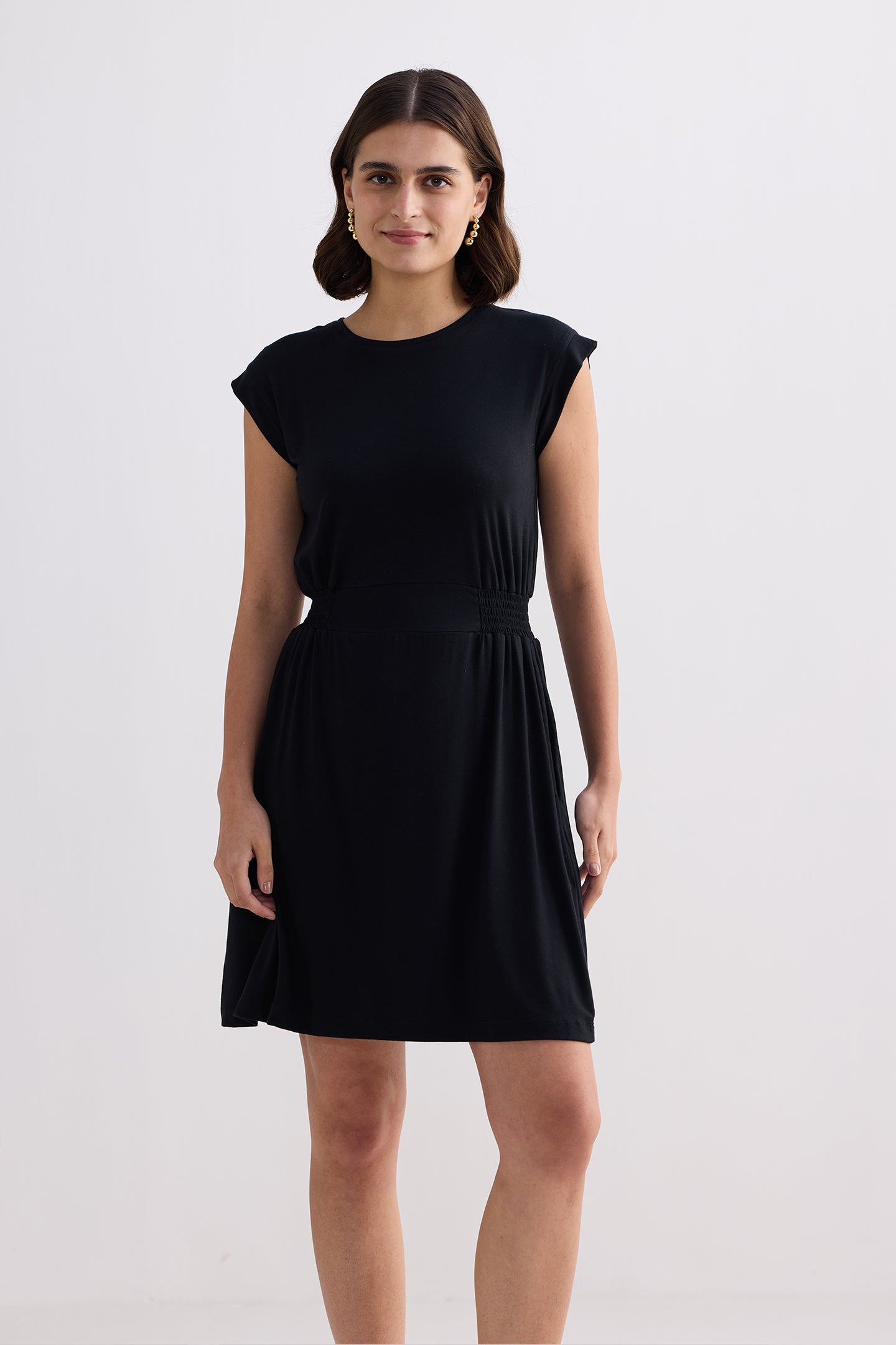 Short Dress With Smocking Side Detail in Black Longshot