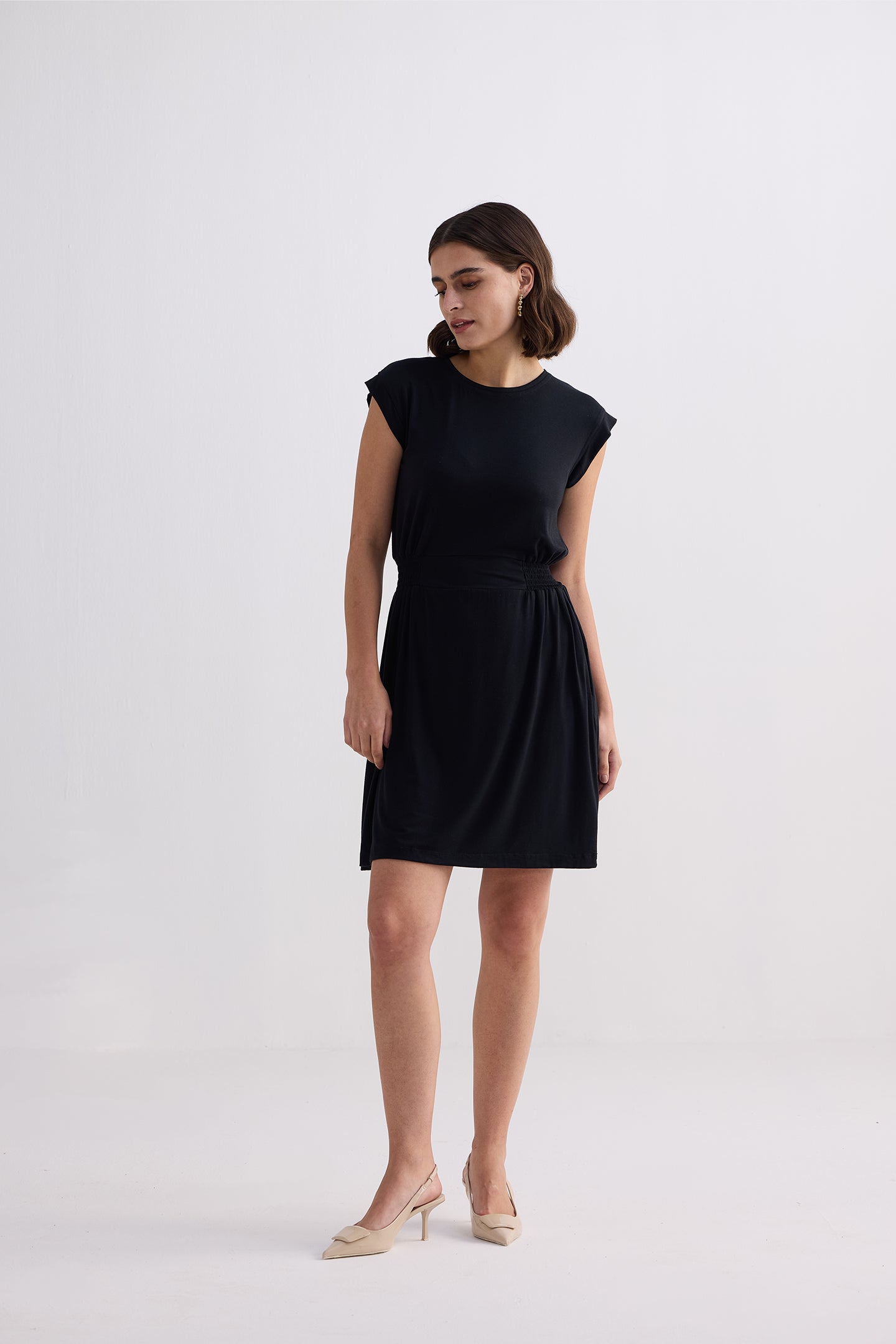 Short Dress With Smocking Side Detail in Black Longshot