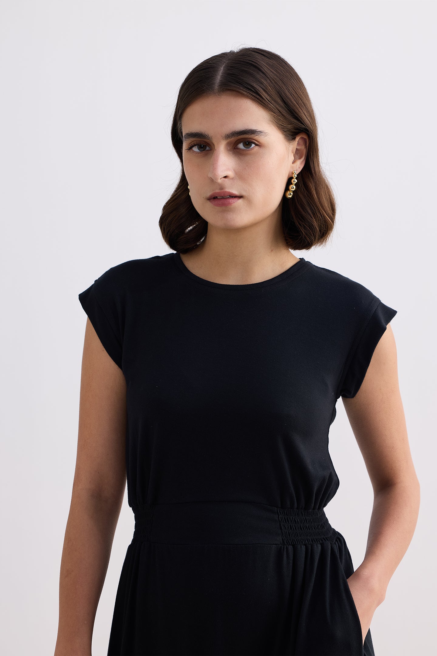 Short Dress With Smocking Side Detail in Black Closeup