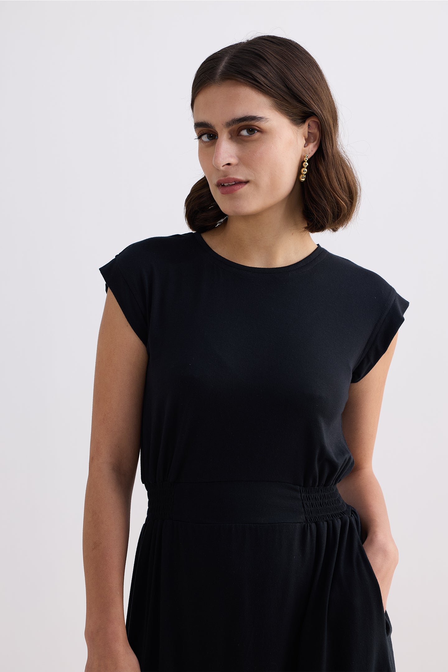 Short Dress With Smocking Side Detail in Black Closeup