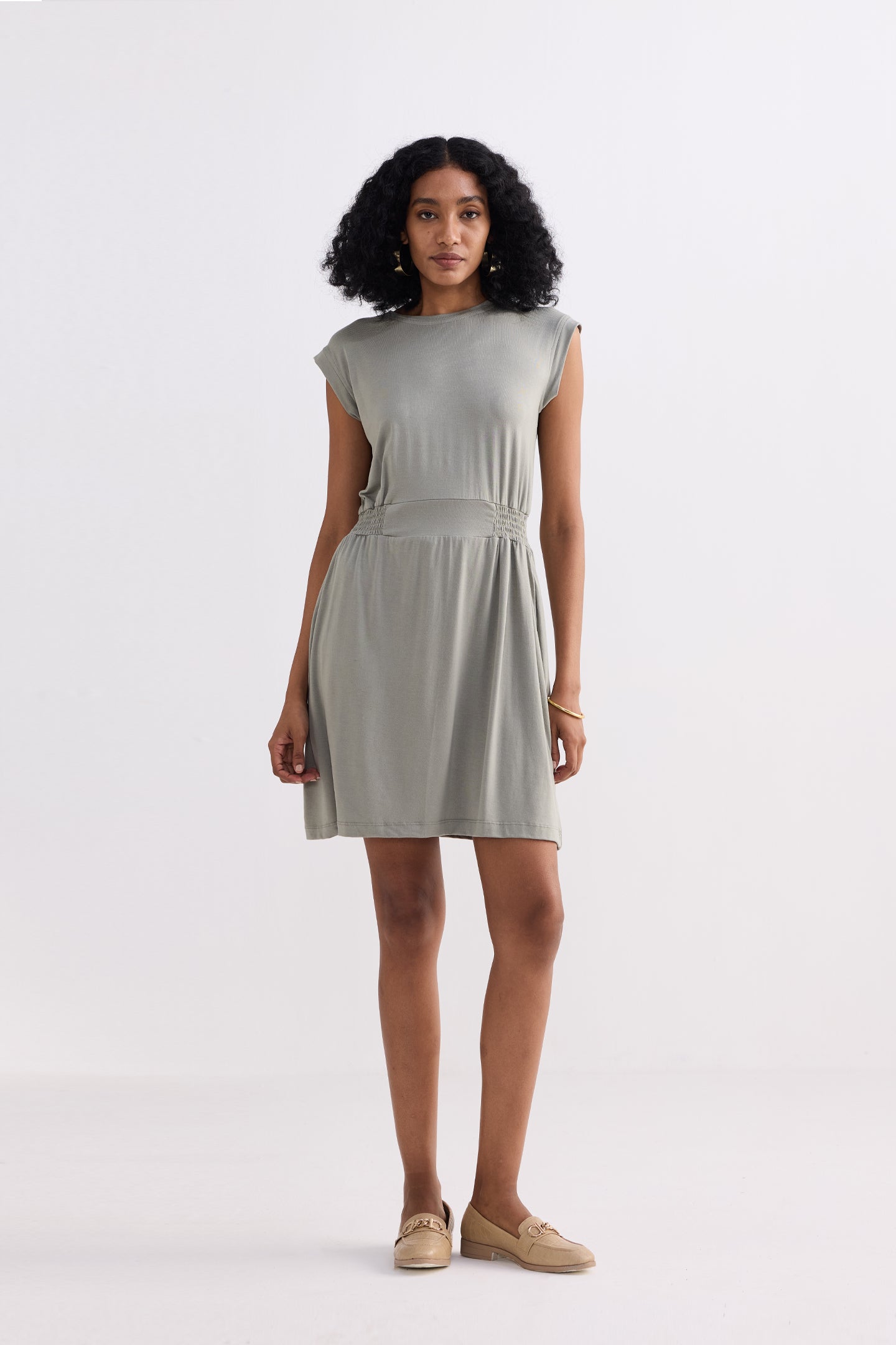 Short Dress With Smocking Side Detail in Light Olive Longshot