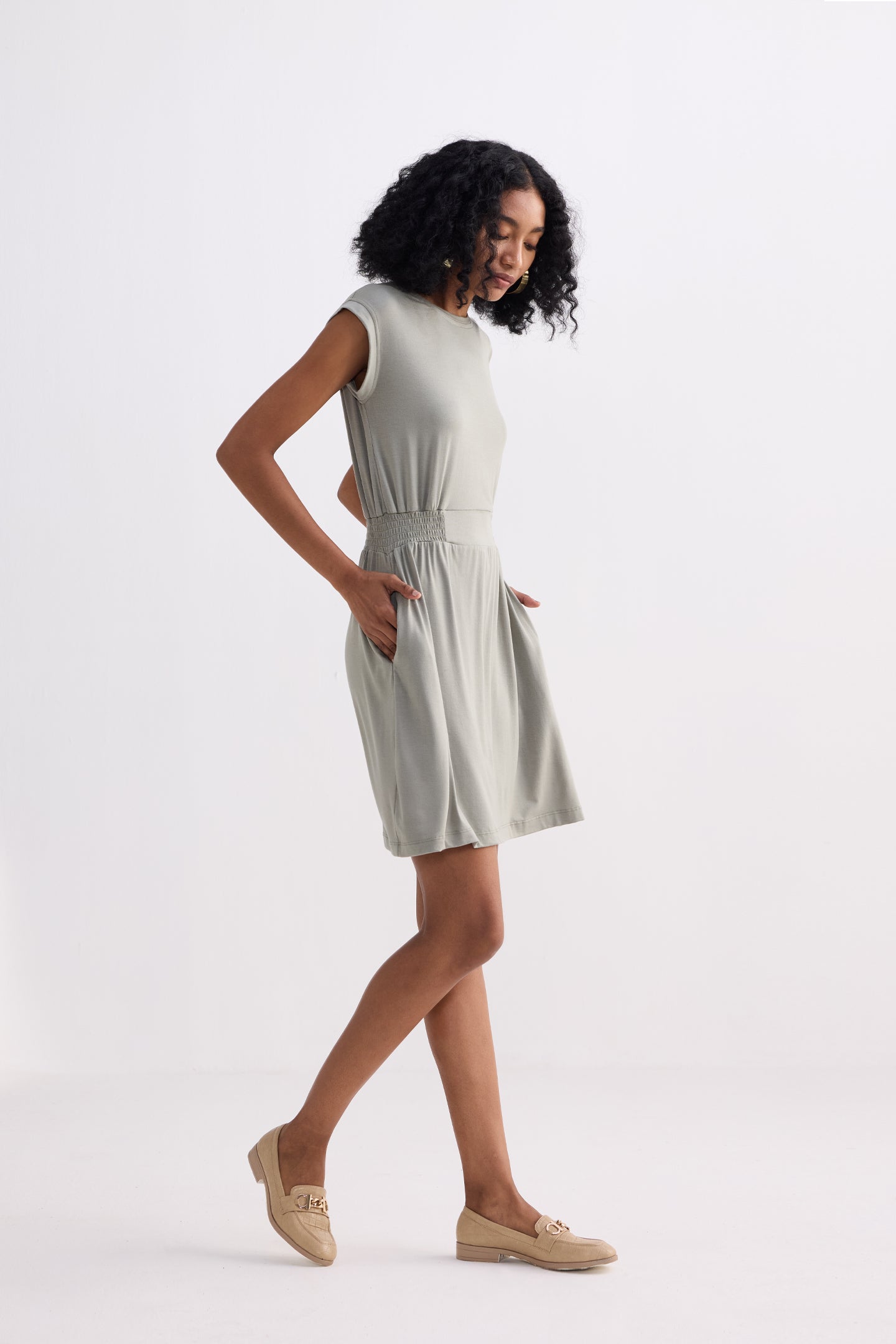 Short Dress With Smocking Side Detail in Light Olive Longshot