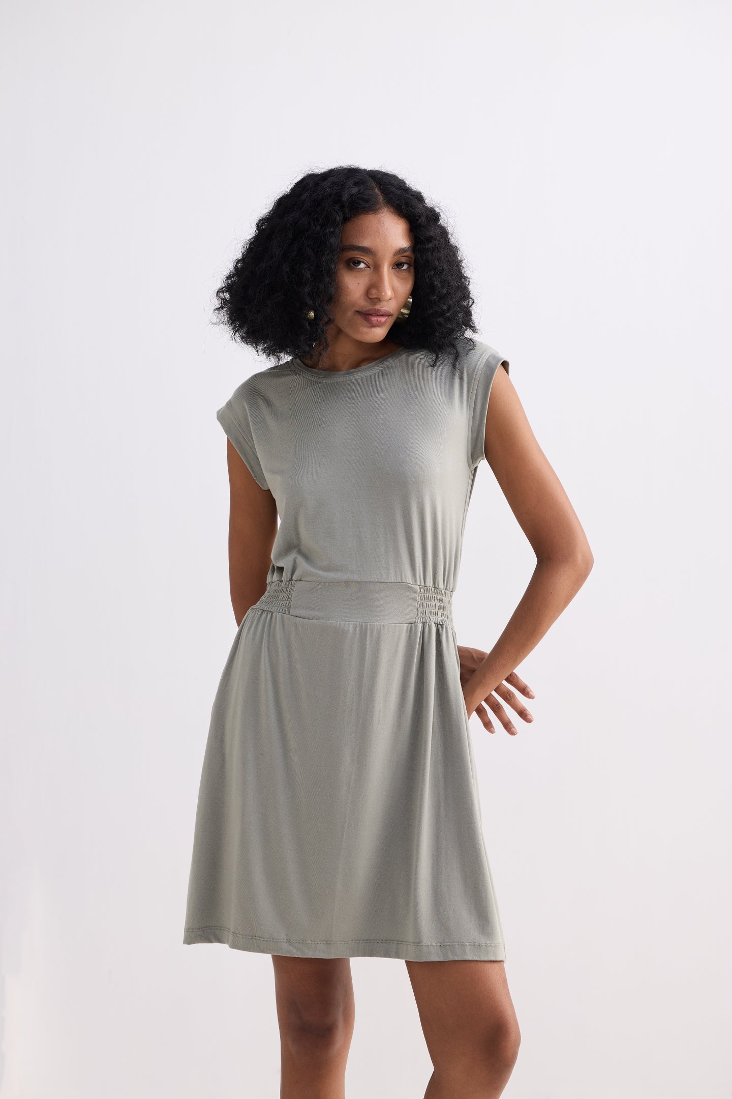 Short Dress With Smocking Side Detail in Light Olive Longshot