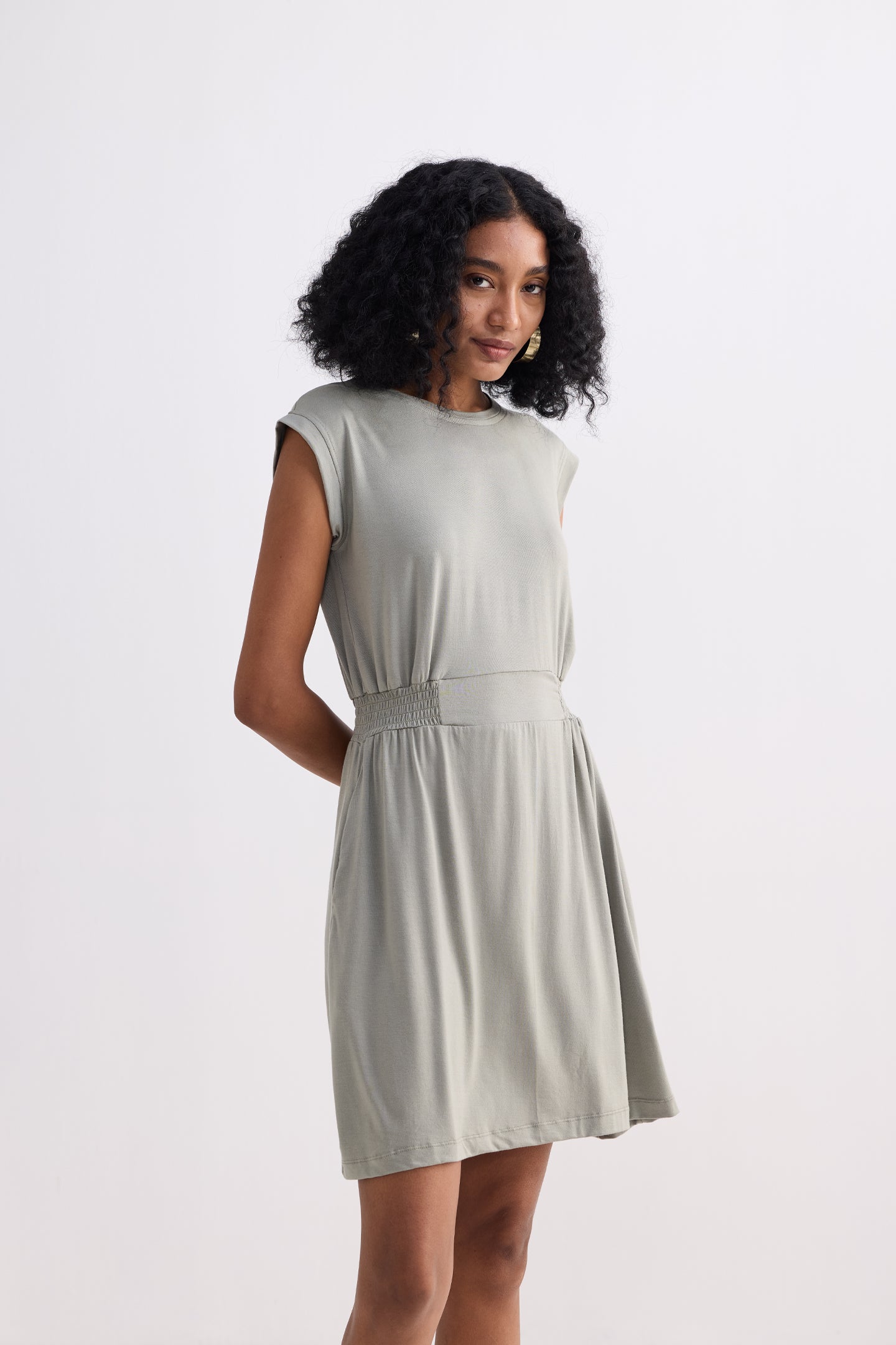 Short Dress With Smocking Side Detail in Light Olive Longshot