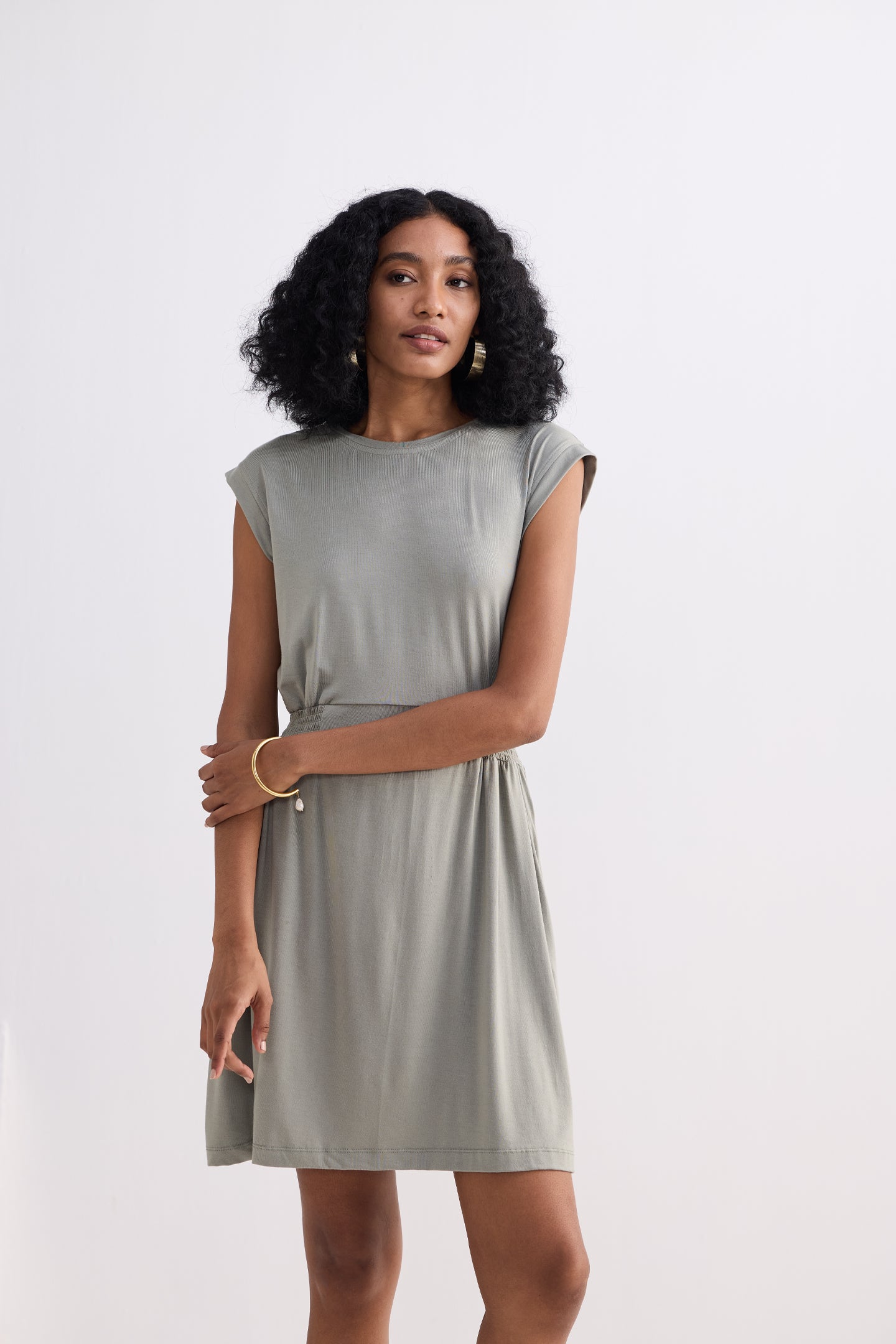 Short Dress With Smocking Side Detail in Light Olive Longshot