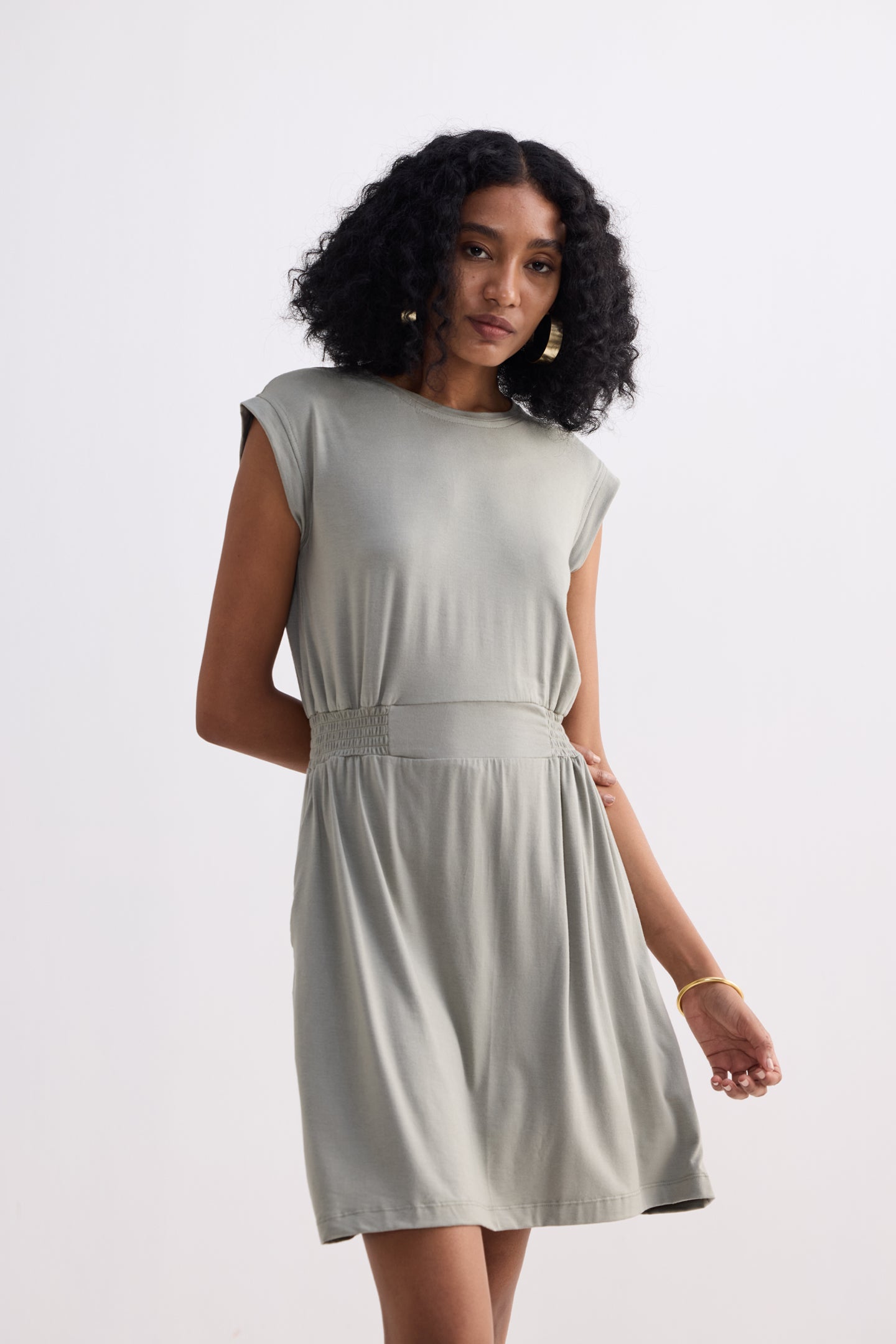 Short Dress With Smocking Side Detail in Light Olive Longshot