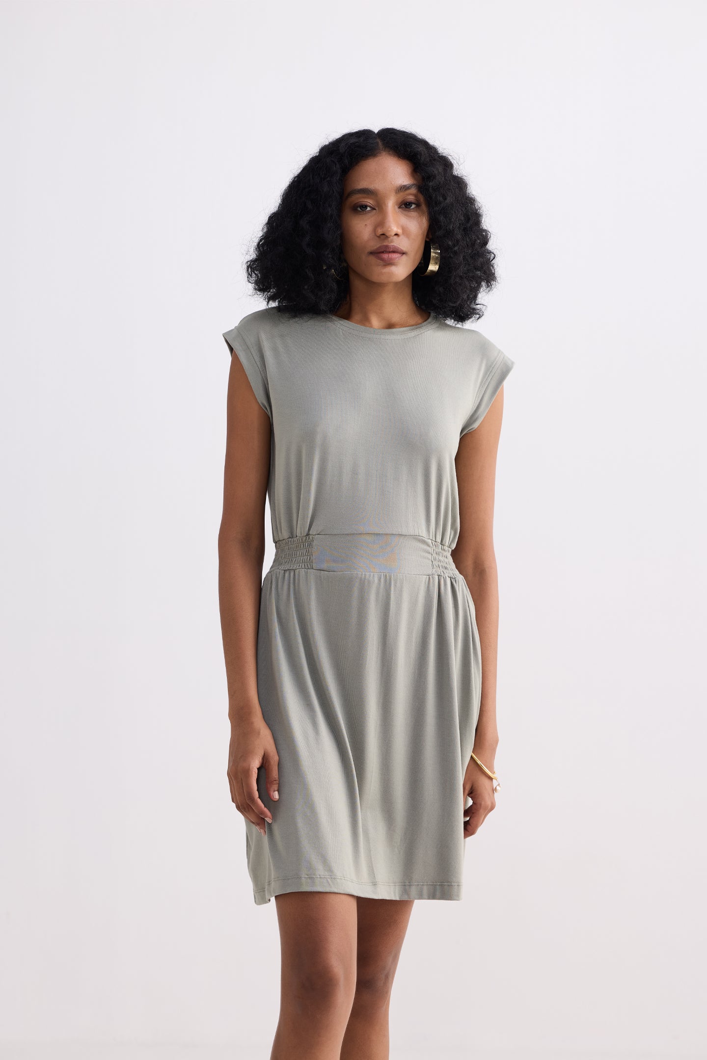 Short Dress With Smocking Side Detail in Light Olive Longshot