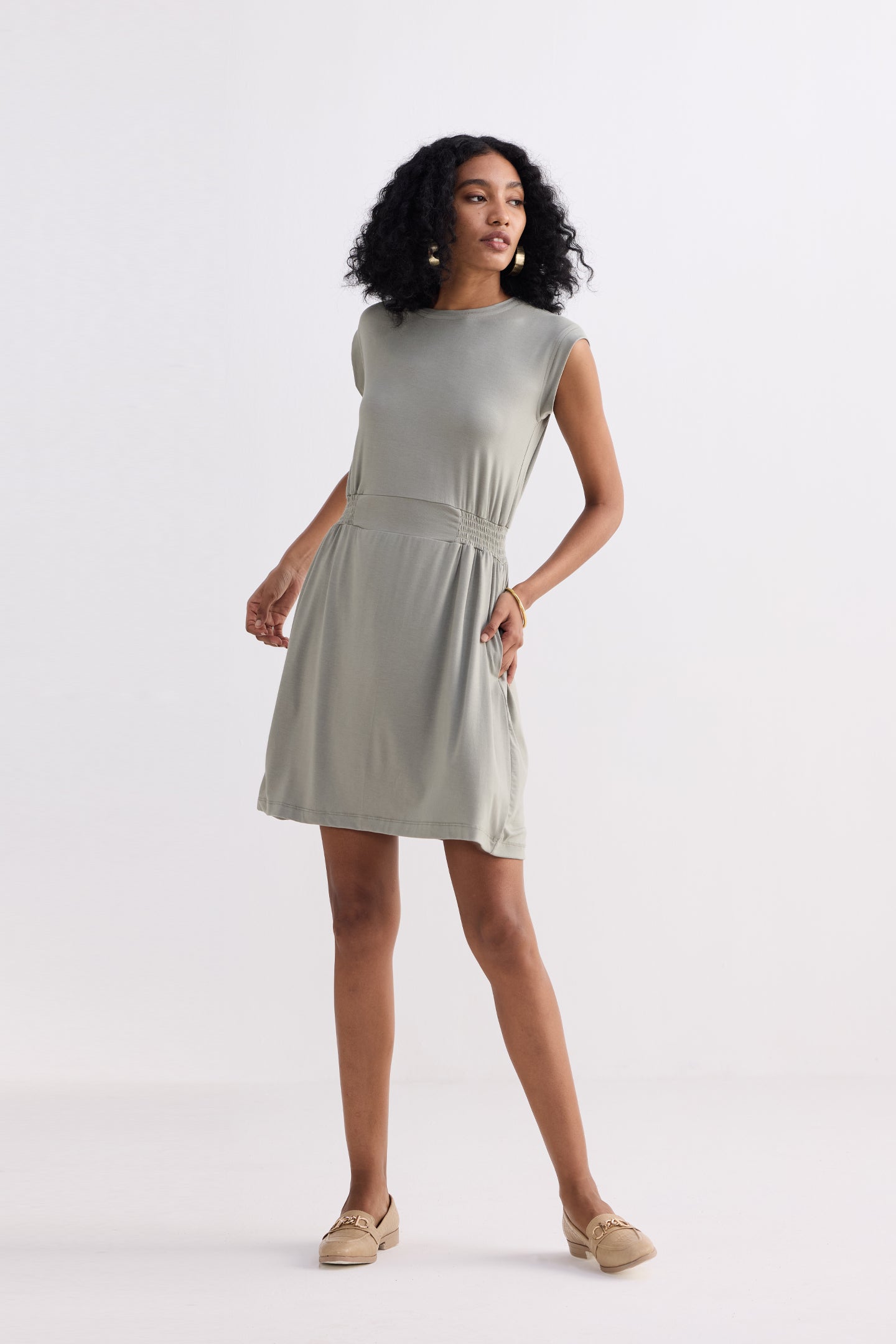 Short Dress With Smocking Side Detail in Light Olive Longshot