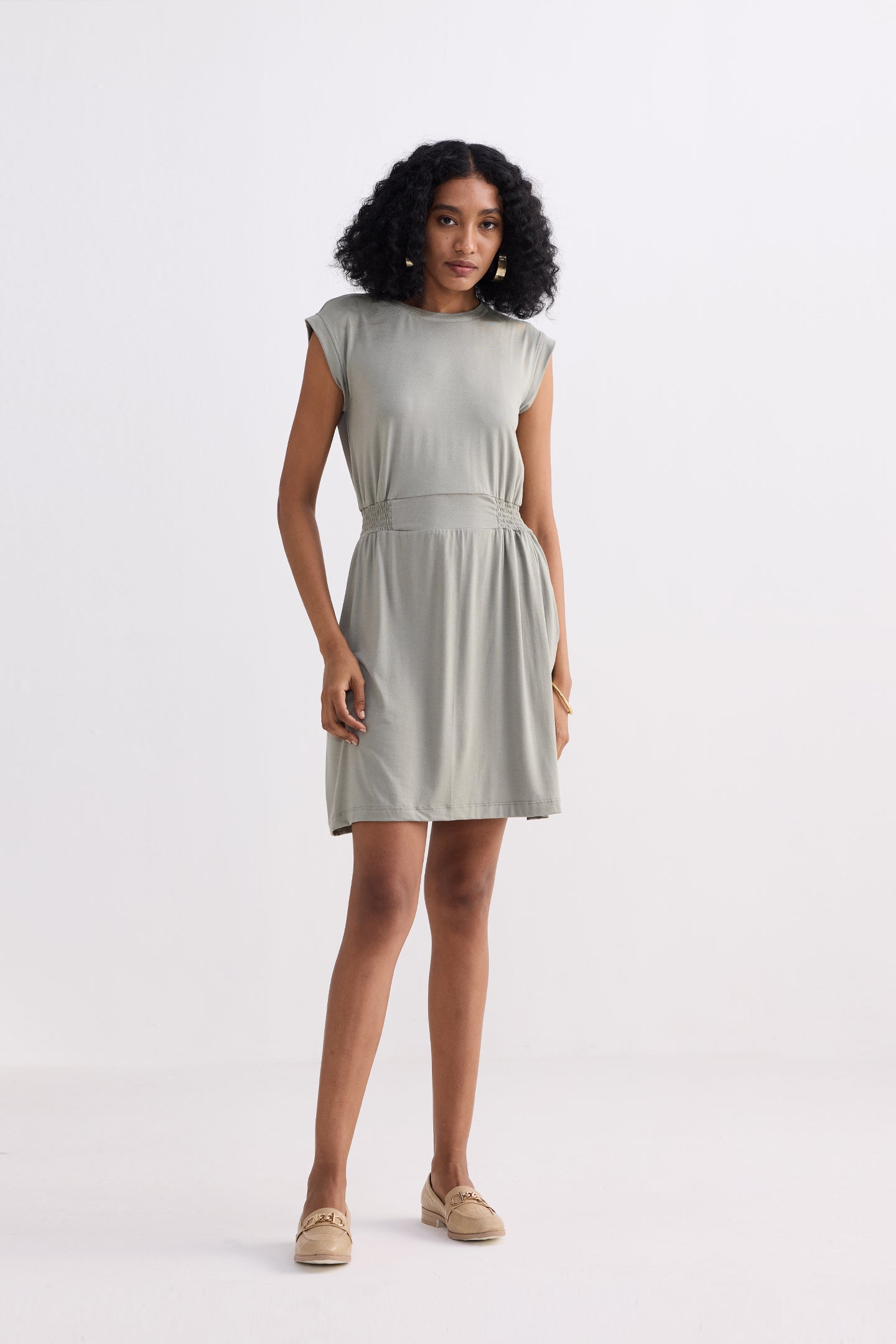 Short Dress With Smocking Side Detail in Light Olive Longshot