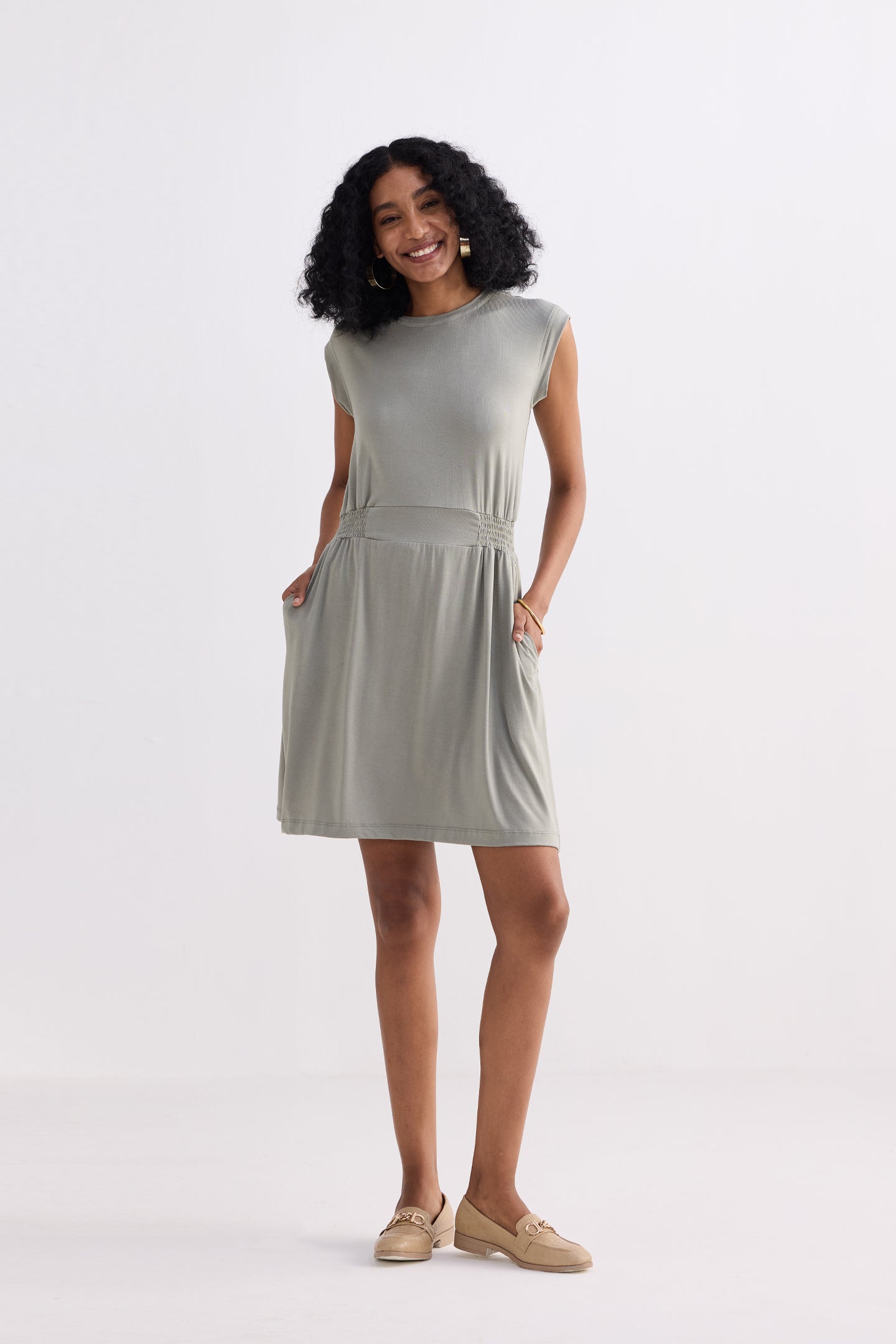 Short Dress With Smocking Side Detail in Light Olive Longshot