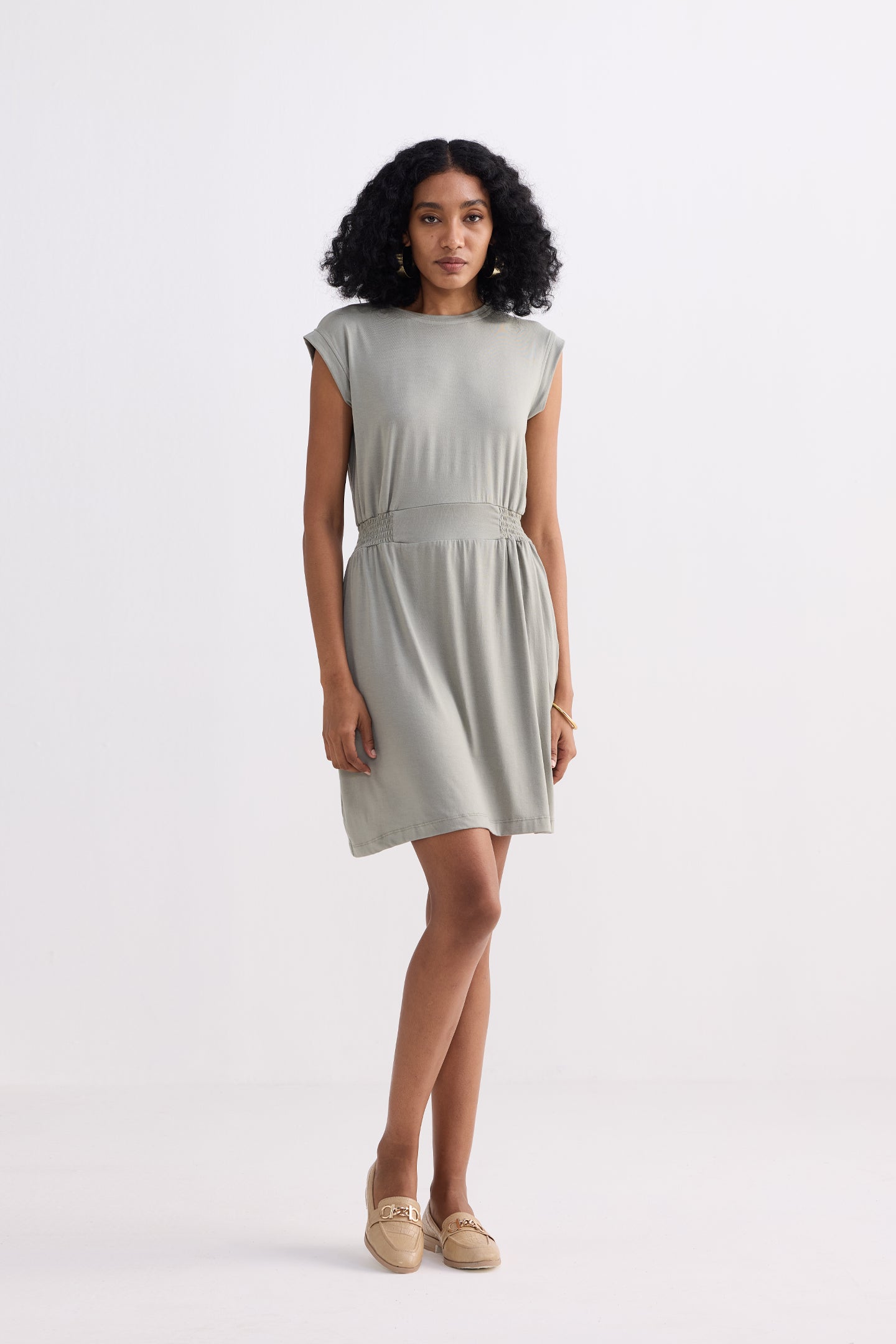 Short Dress With Smocking Side Detail in Light Olive Longshot