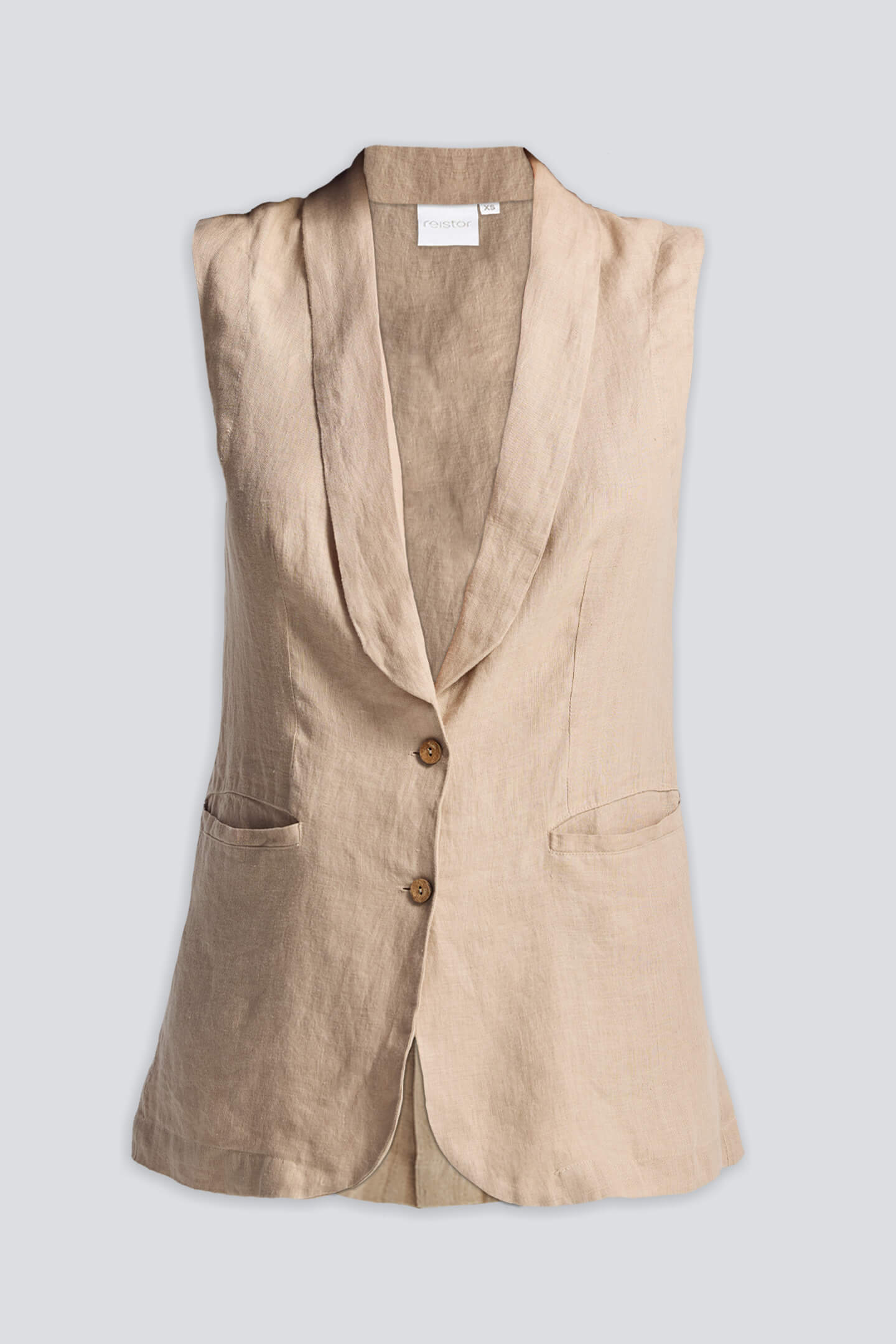 Product-only image of the Reistor Sleeveless Hemp Jacket in beige, featuring a tailored sleeveless design, V-neck lapel, front button closure, and sustainable hemp fabric.