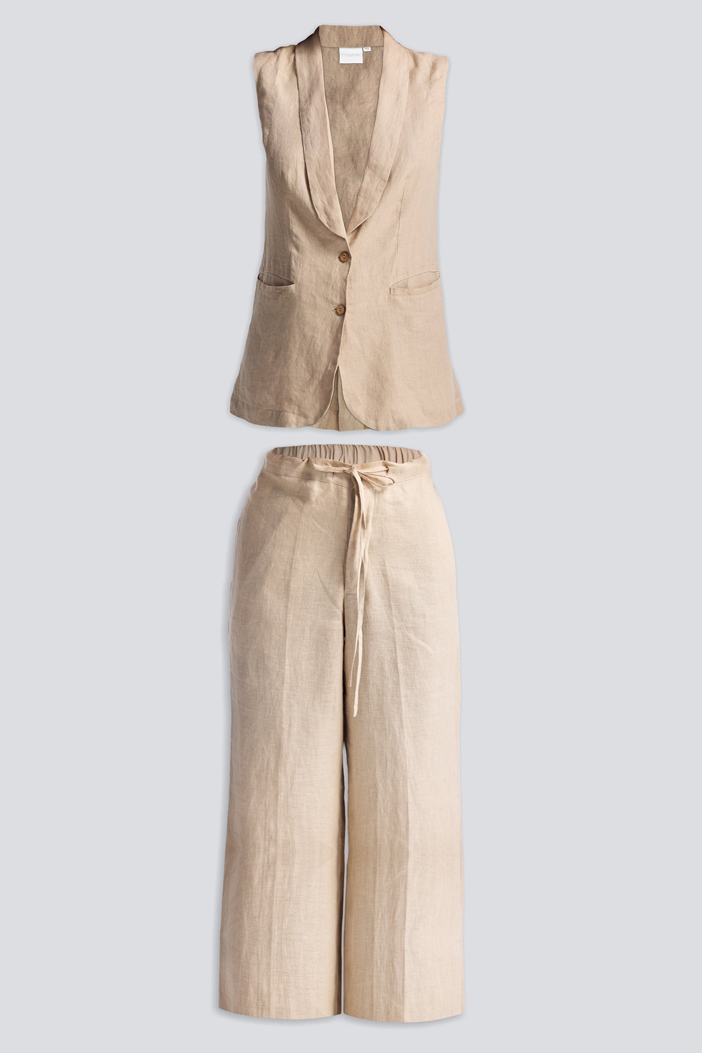 Beige sleeveless blazer and wide-leg pants on a light gray background