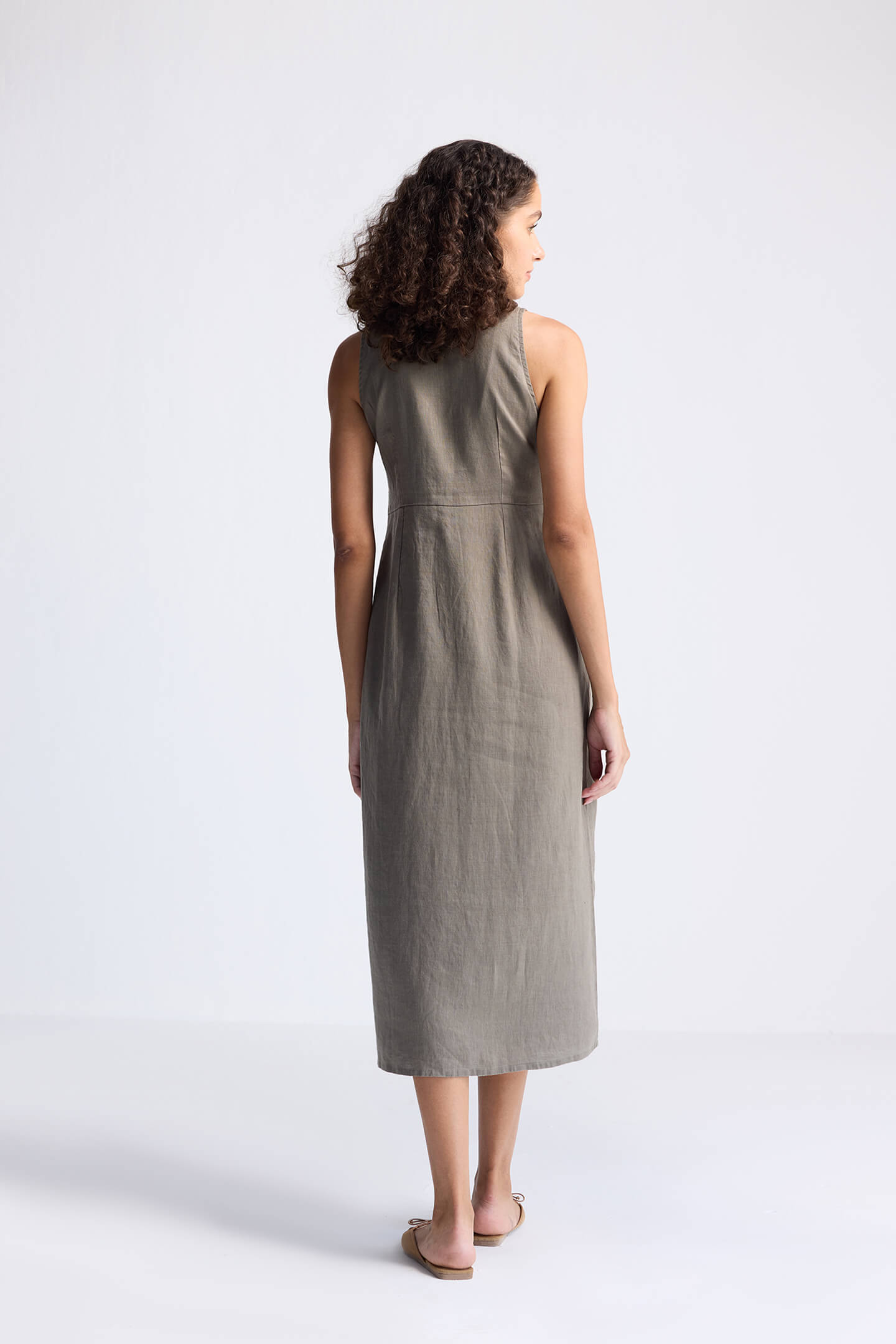 Straight Dress with Front Slit in Dark Green Hemp Long Shot