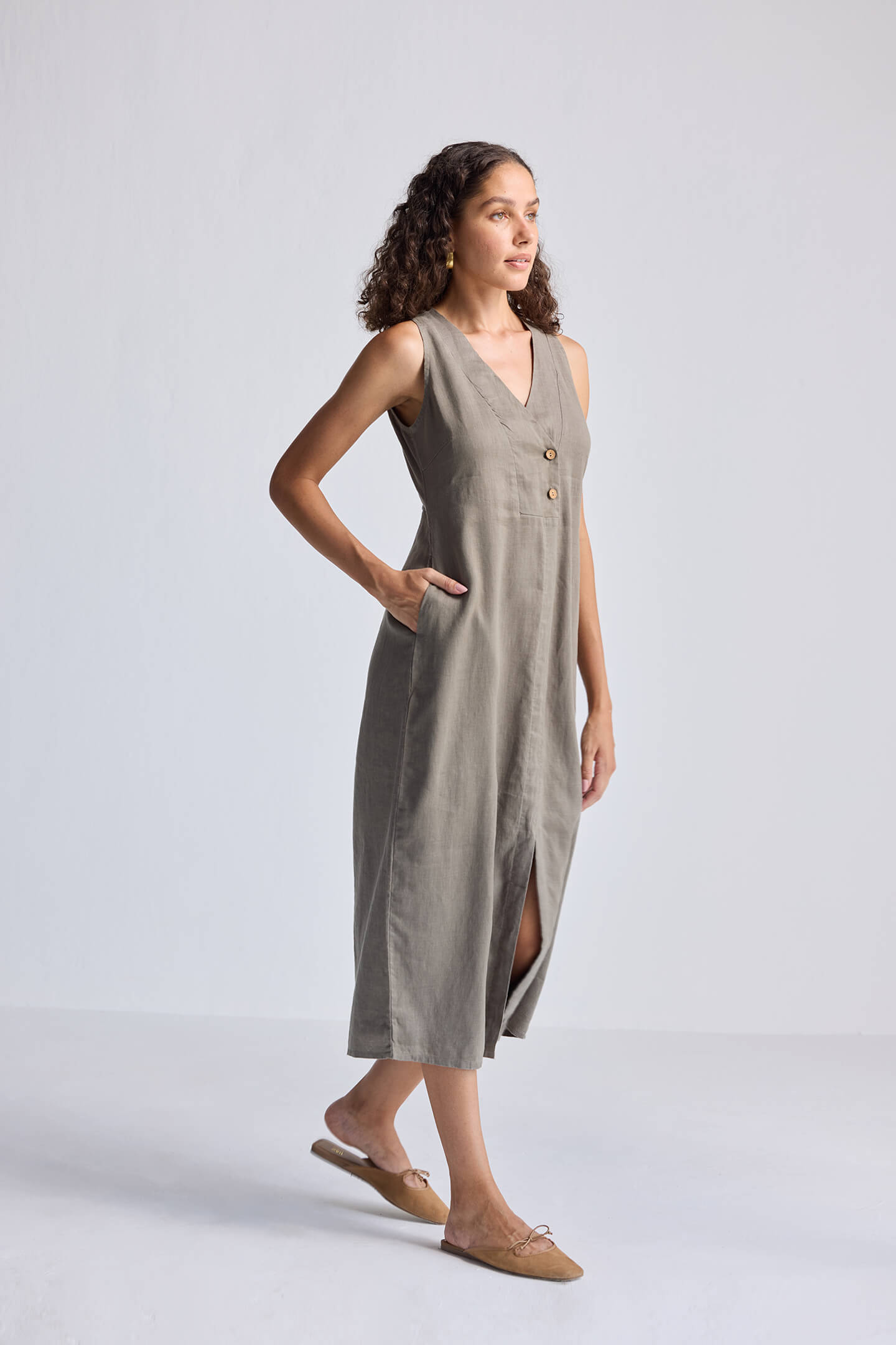 Straight Dress with Front Slit in Dark Green Hemp Long Shot