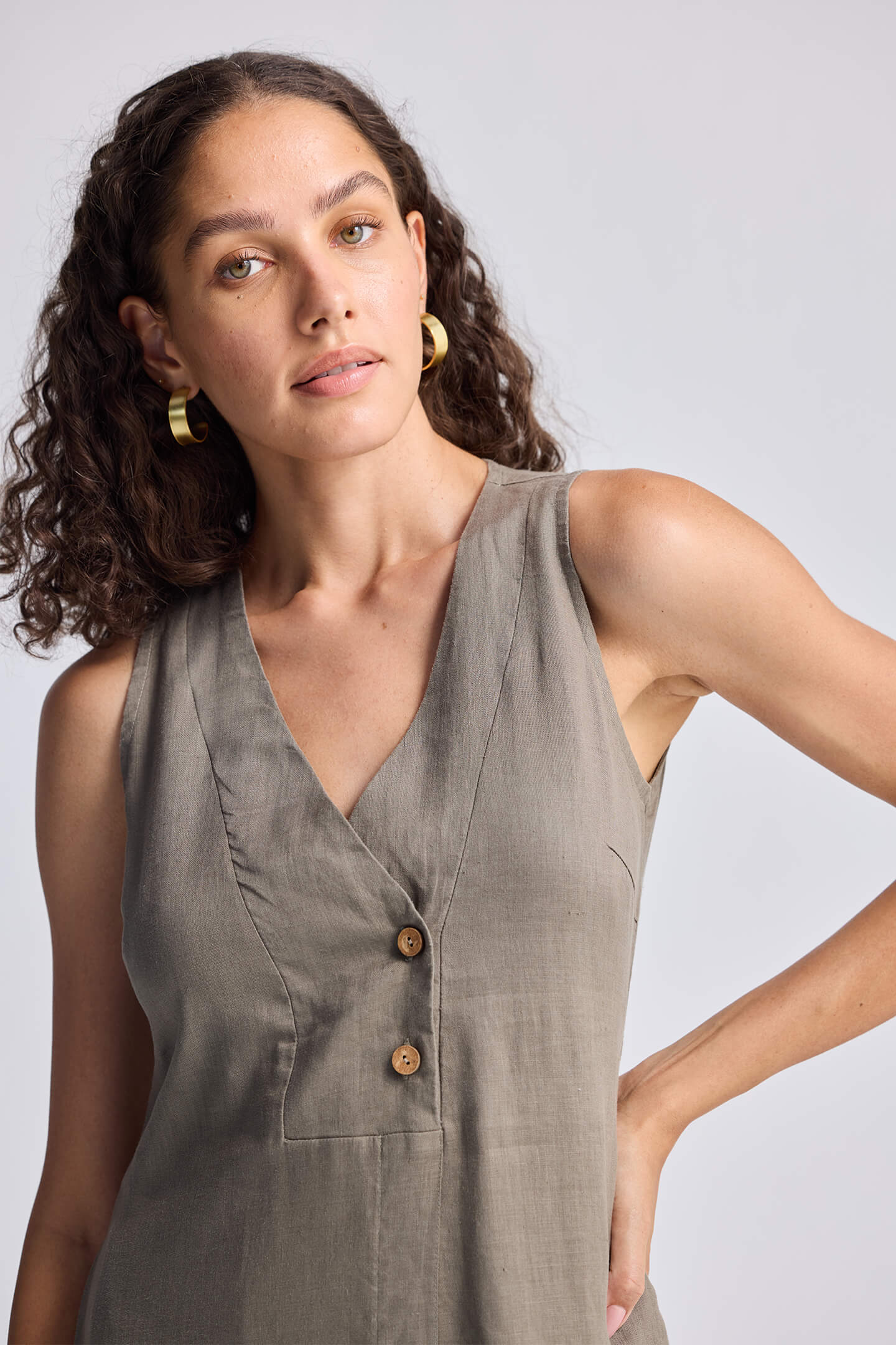 Straight Dress with Front Slit in Dark Green Hemp Closeup Shot