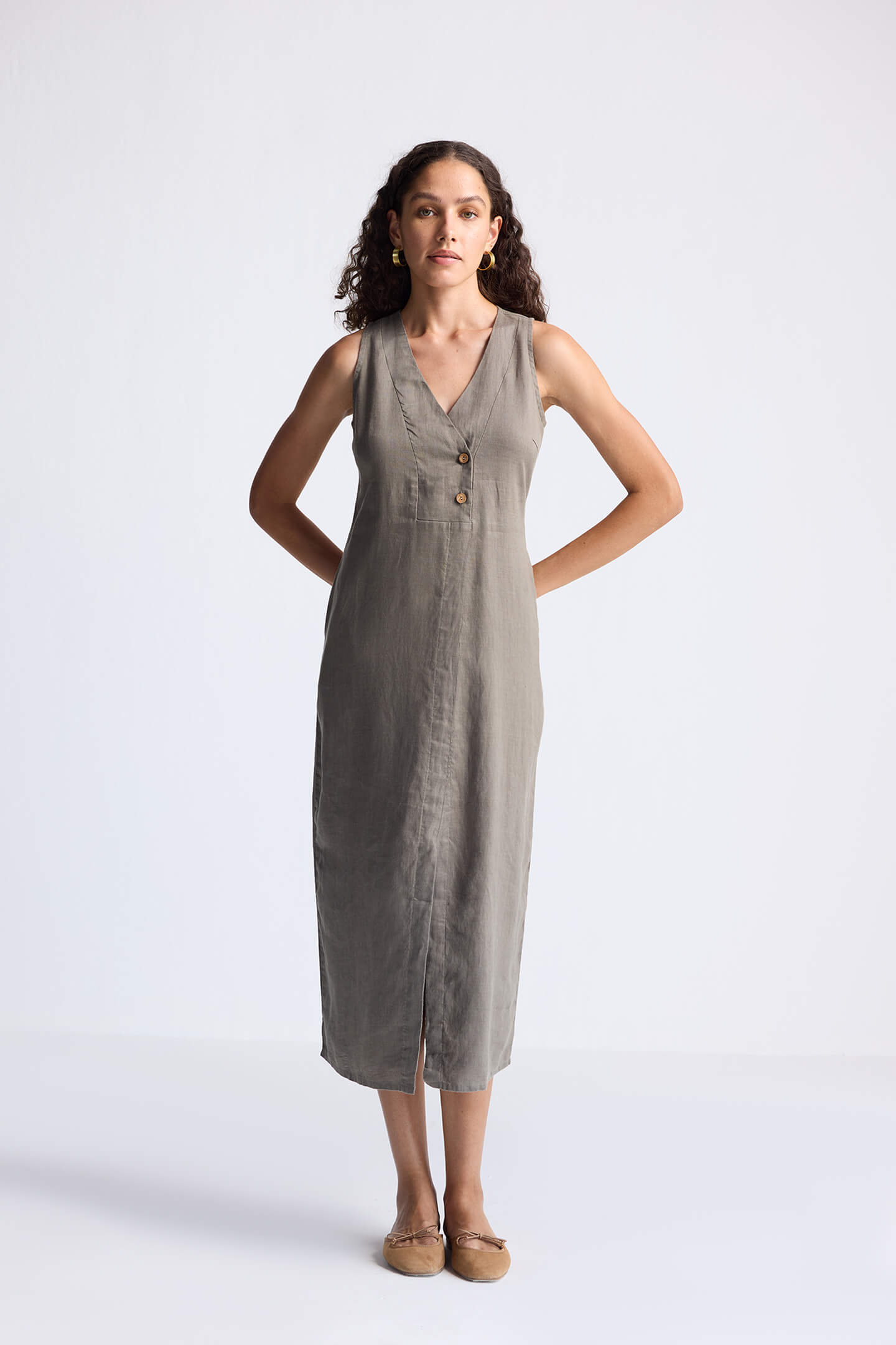 Straight Dress with Front Slit in Dark Green Hemp Long Shot