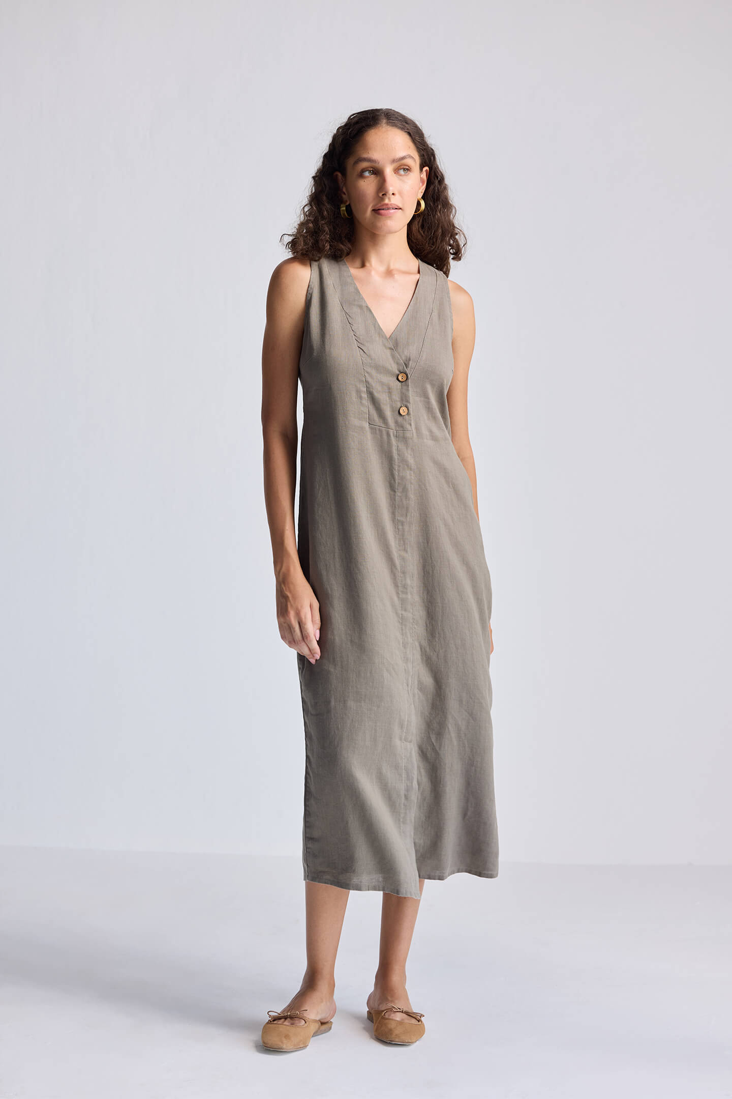 Straight Dress with Front Slit in Dark Green Hemp Long Shot