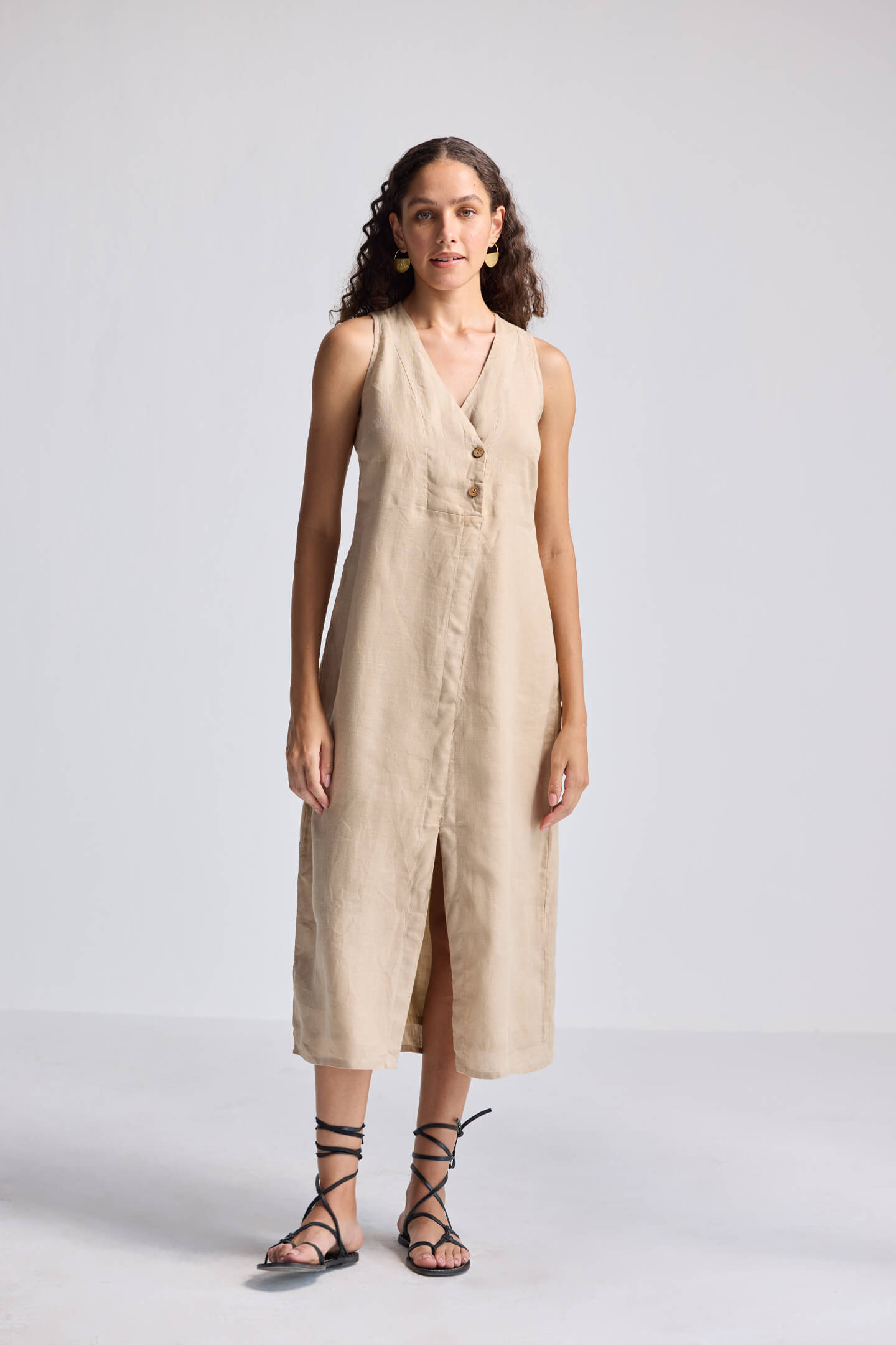 Straight Dress with Front Slit in Neutral Beige Hemp Long Shot