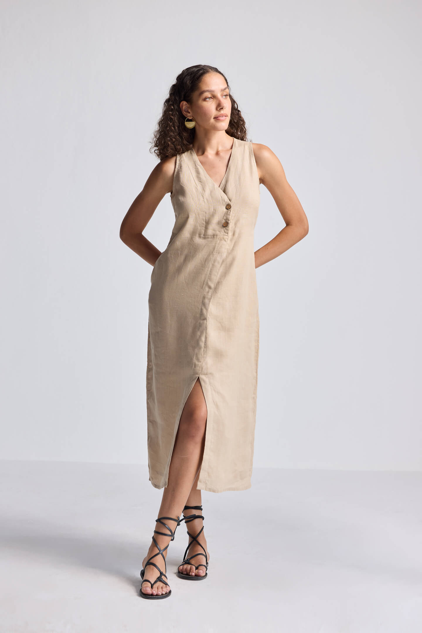 Straight Dress with Front Slit in Neutral Beige Hemp Long Shot