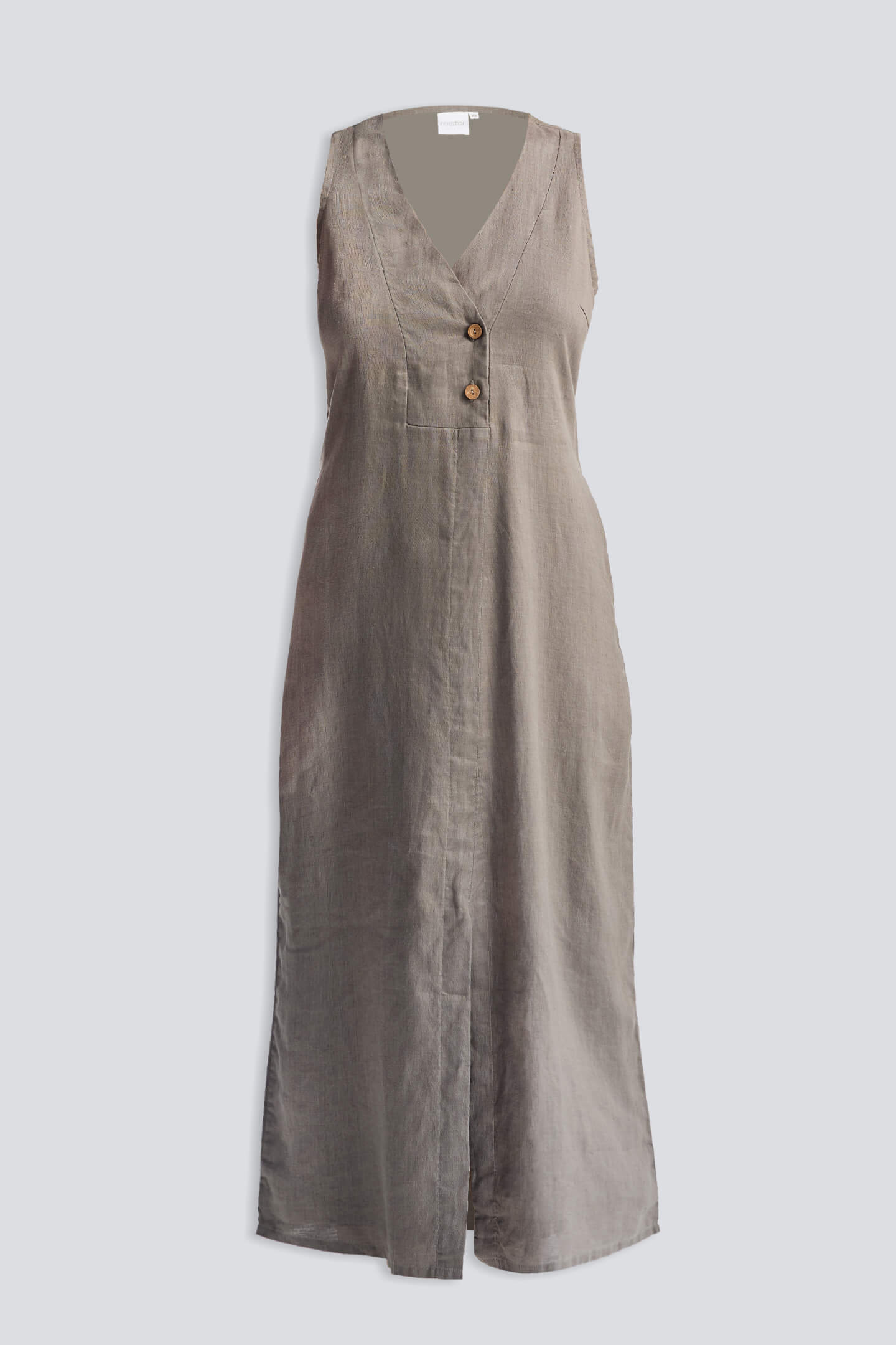 Straight Dress with Front Slit in Dark Green Hemp by reistor, featuring a sleeveless V-neck design with wooden buttons and a midi-length straight silhouette, shown on a plain background.
