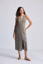 Straight Dress with Front Slit in Dark Green Hemp by reistor showcasing front slit and straight silhouette