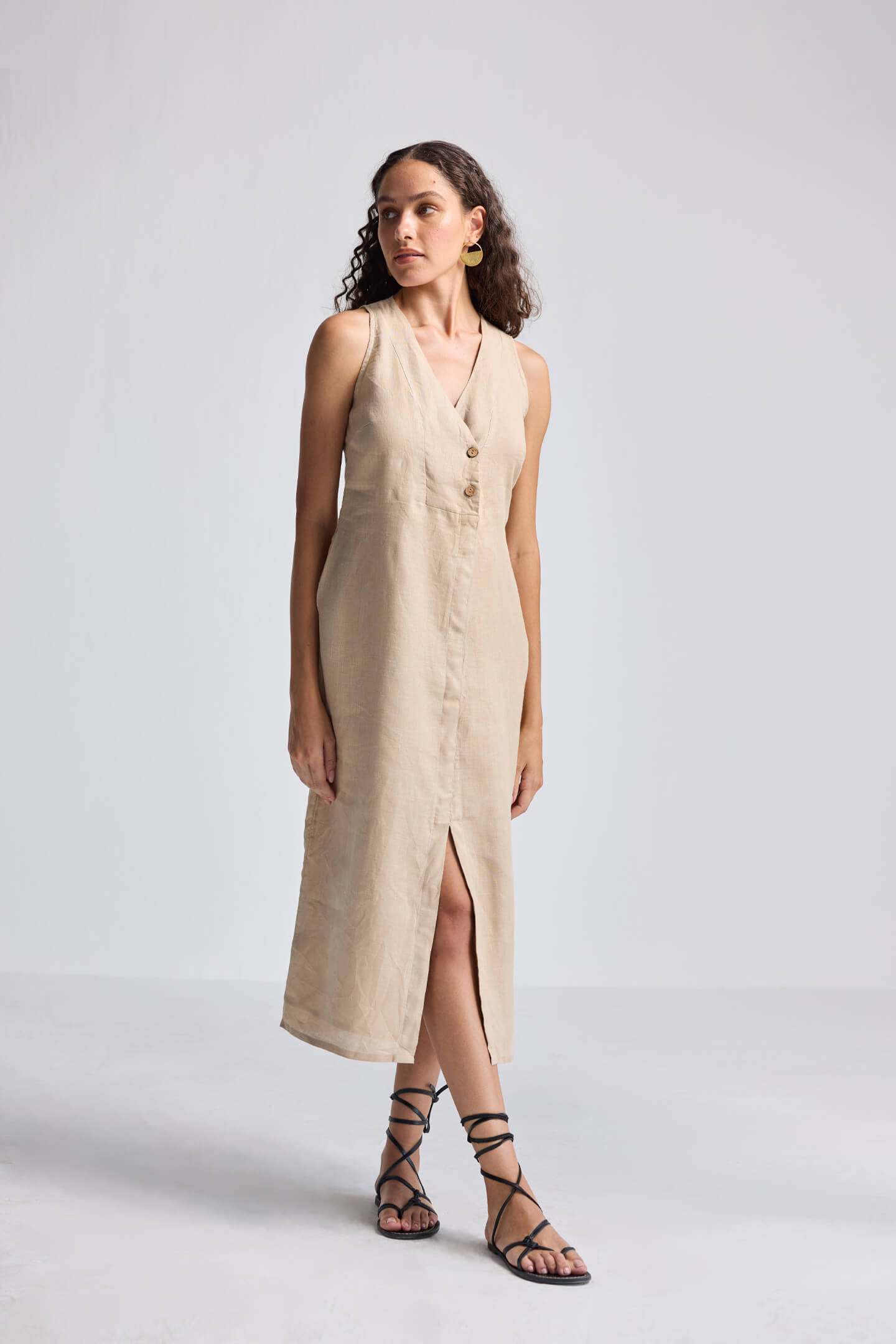 Straight Dress with Front Slit in Neutral Beige Hemp by Reistor, featuring a sleeveless silhouette, button-front detail, and ankle-length sustainable design for women