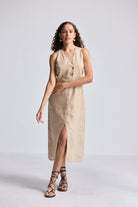 Straight Dress with Front Slit in Neutral Beige Hemp by Reistor, full-length view featuring a sleeveless V-neck silhouette, front button detailing, and eco-friendly breathable fabric for women
