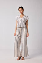 Striped Matching Set with Wide-Leg Pants and V-neck Top