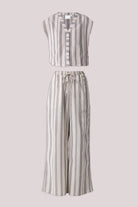 Striped matching set with wide-leg pants and V-neck top by reistor on a light gray background.