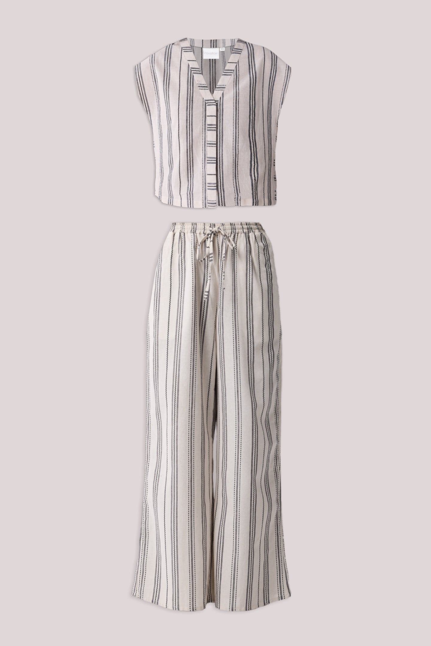 Striped matching set with wide-leg pants and V-neck top by reistor on a light gray background.