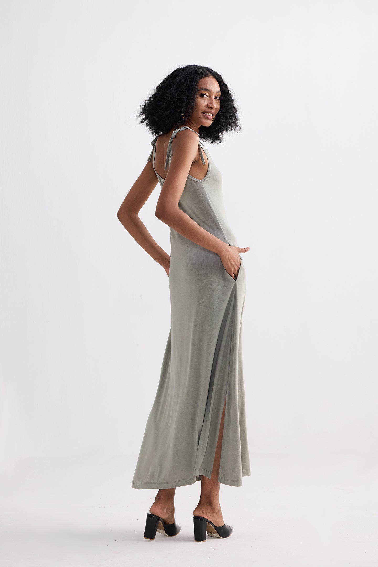 Tie-Detail Maxi Dress in Light Olive Longshot