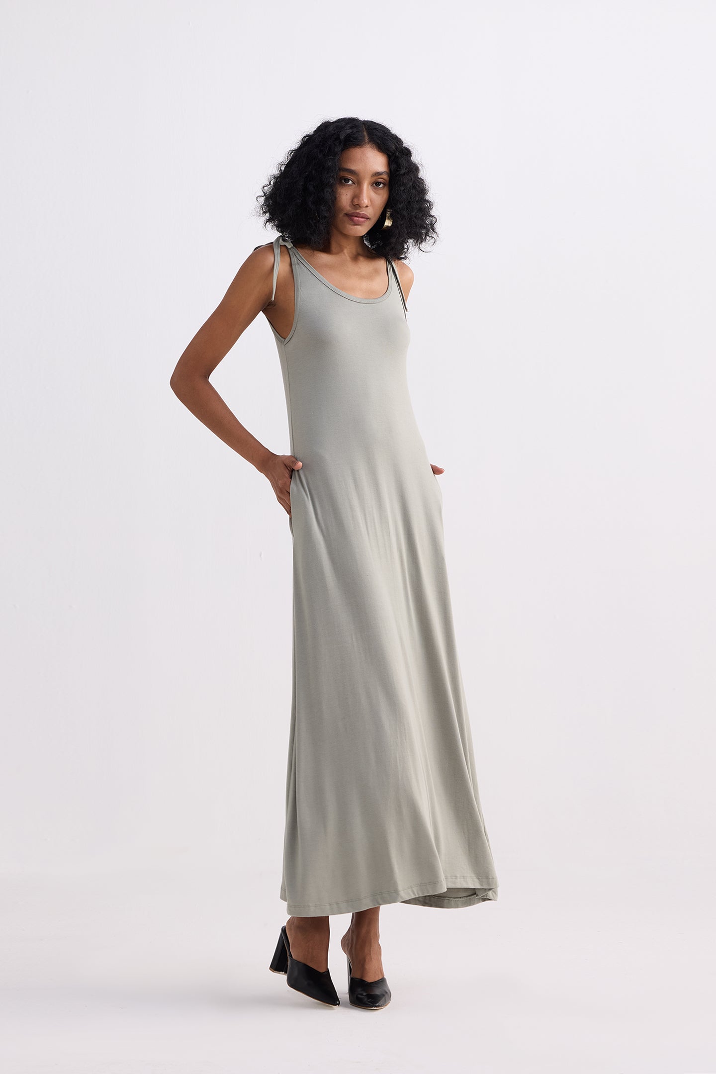 Tie-Detail Maxi Dress in Light Olive Longshot