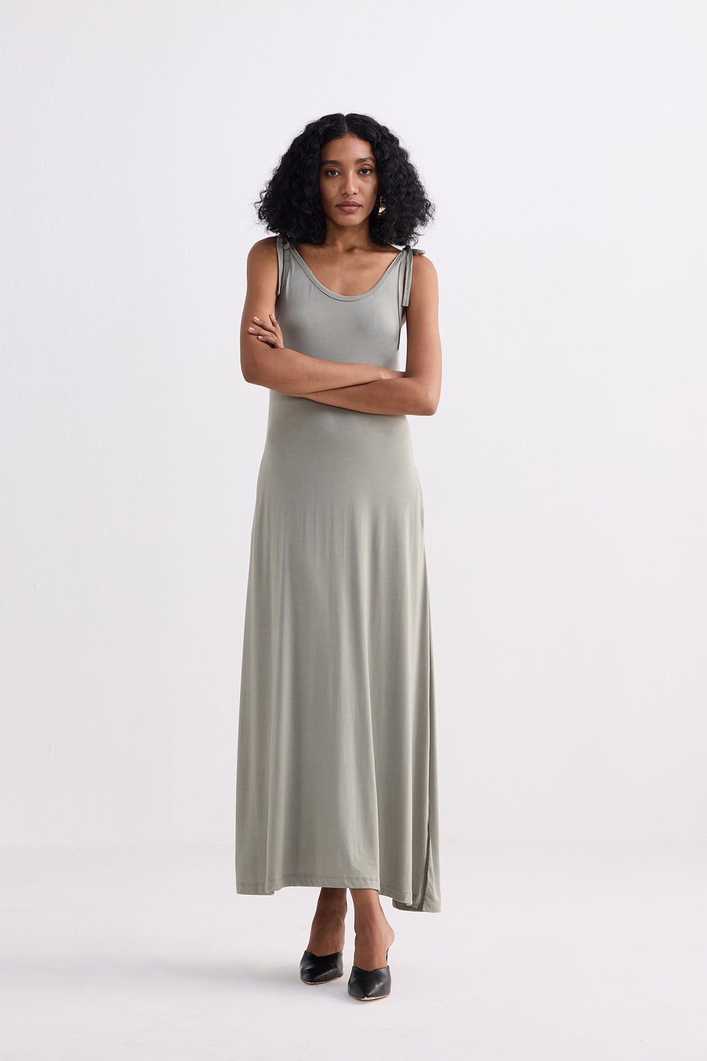 Tie-Detail Maxi Dress in Light Olive Longshot