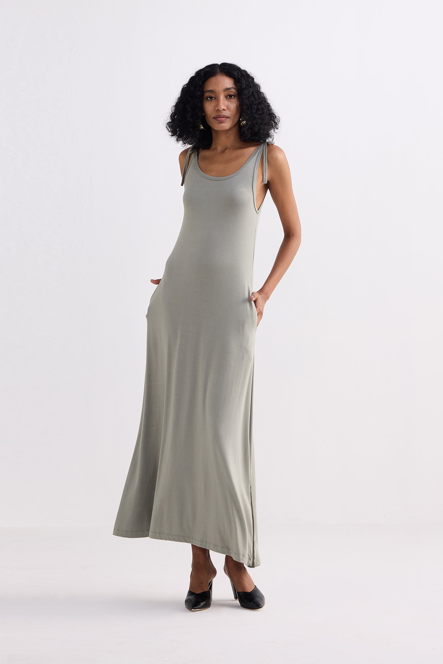 Tie-Detail Maxi Dress in Light Olive Longshot