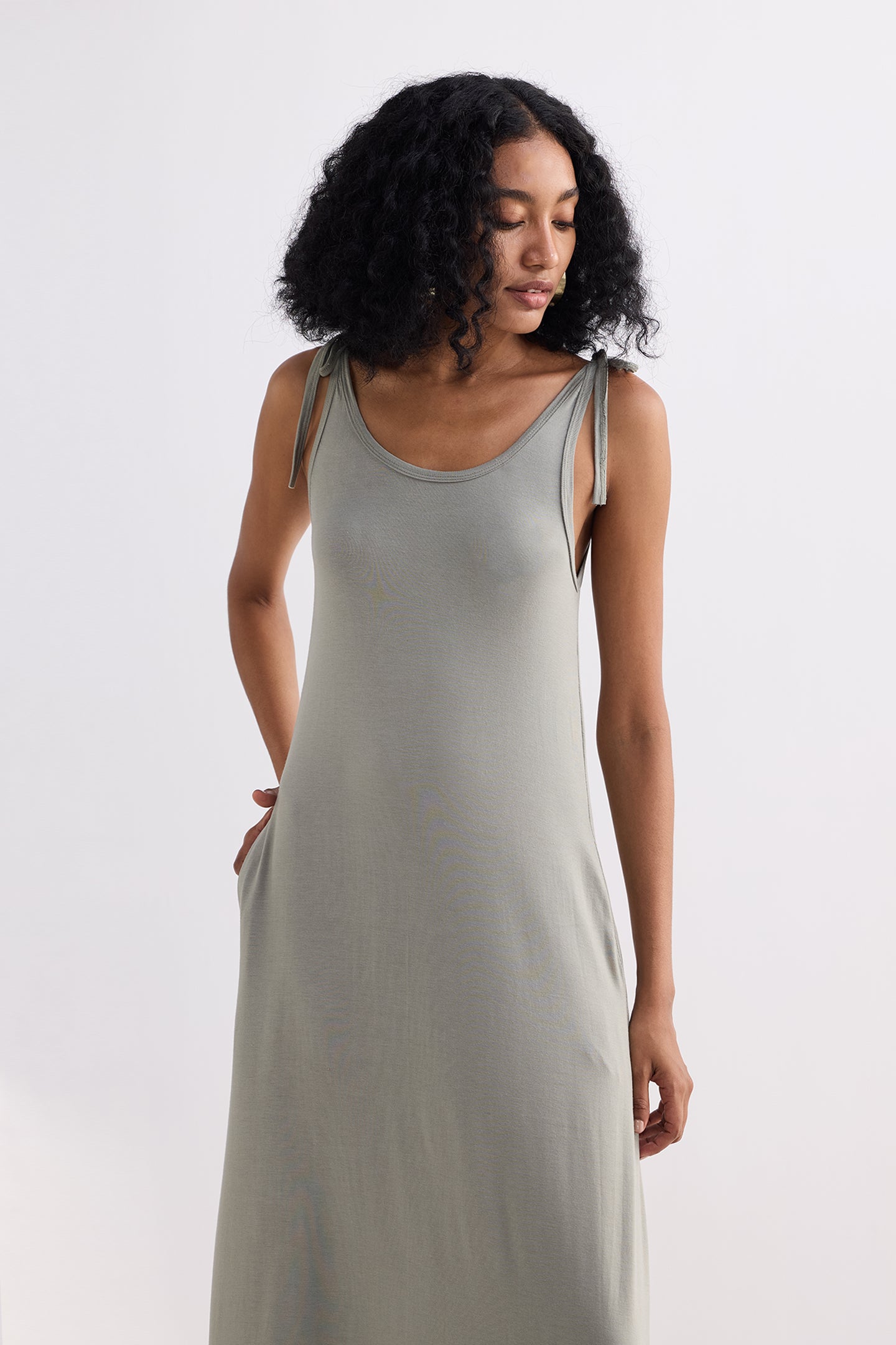 Tie-Detail Maxi Dress in Light Olive Longshot