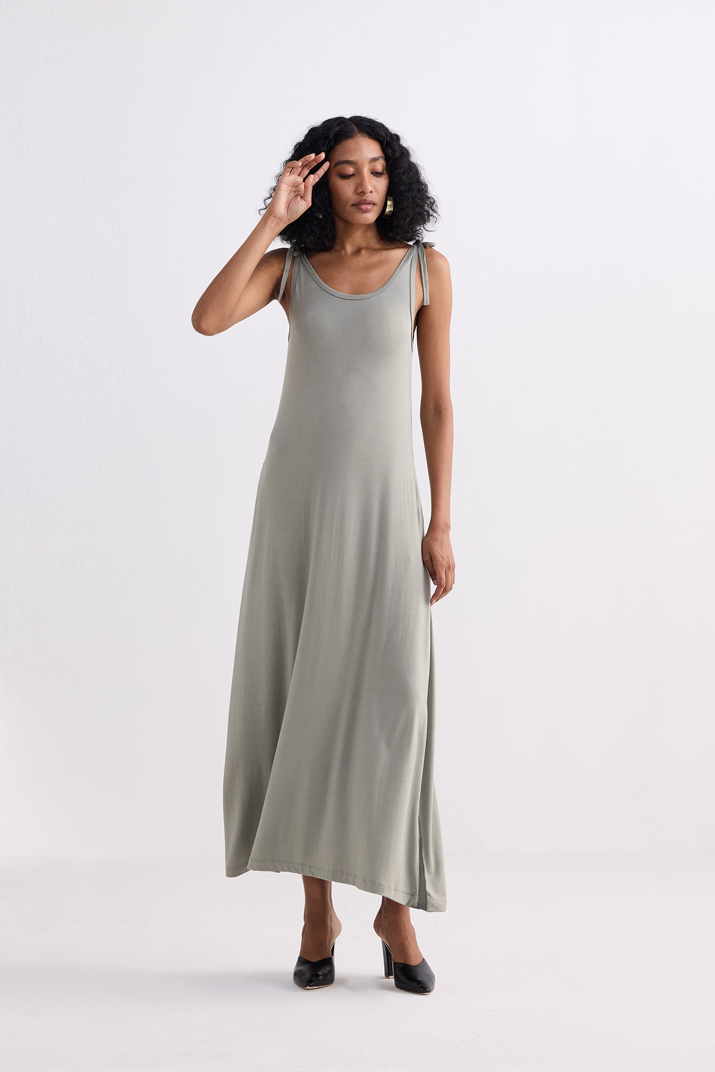 Tie-Detail Maxi Dress in Light Olive Longshot