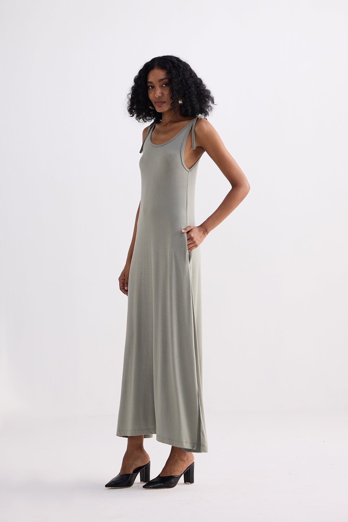 Tie-Detail Maxi Dress in Light Olive Longshot