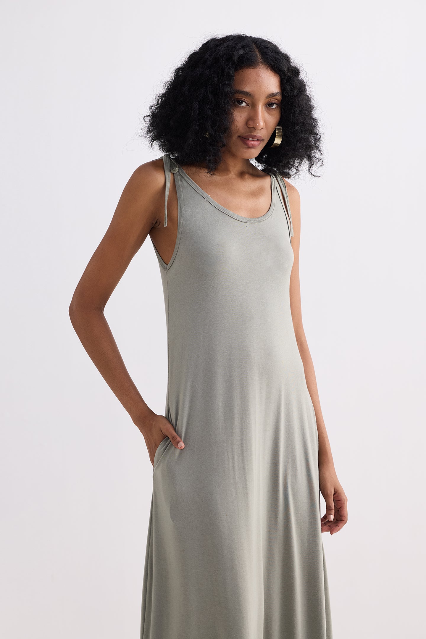 Tie-Detail Maxi Dress in Light Olive Longshot