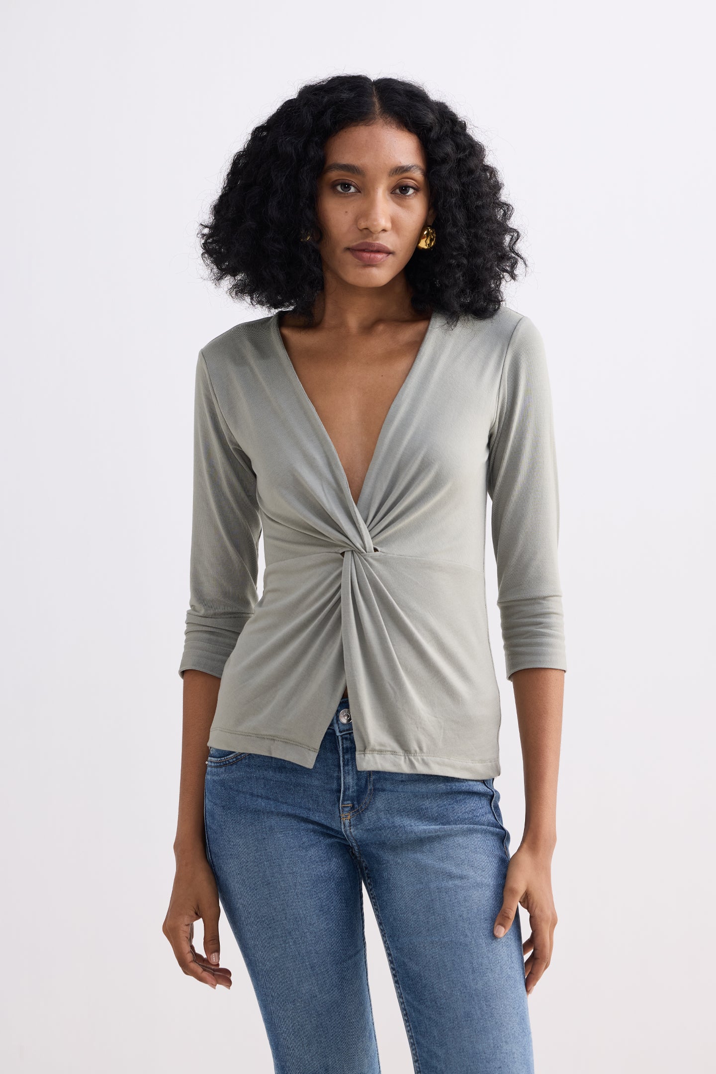 Twist Front Knit Shirt in Light Olive Longshot