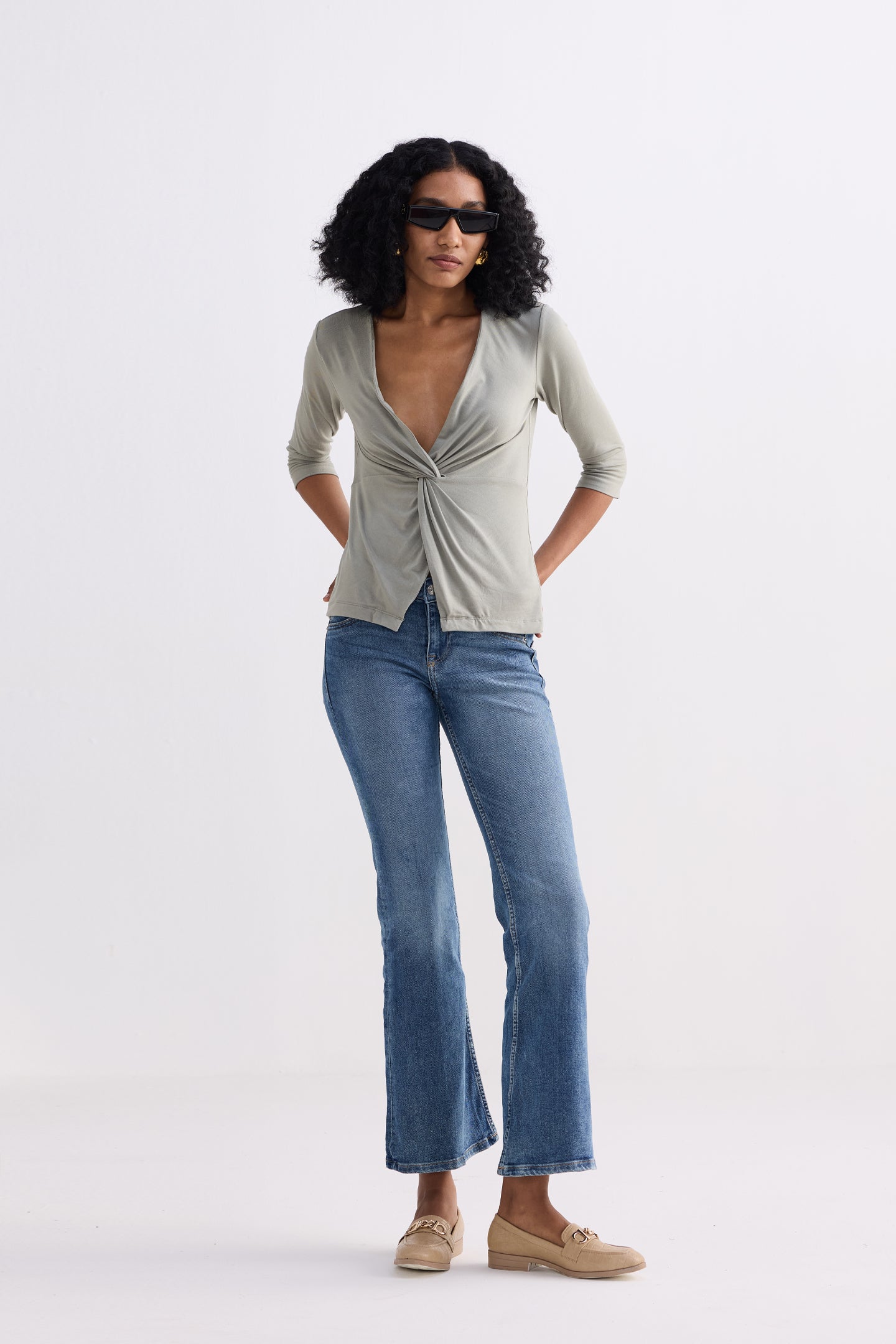 Twist Front Knit Shirt in Light Olive Longshot