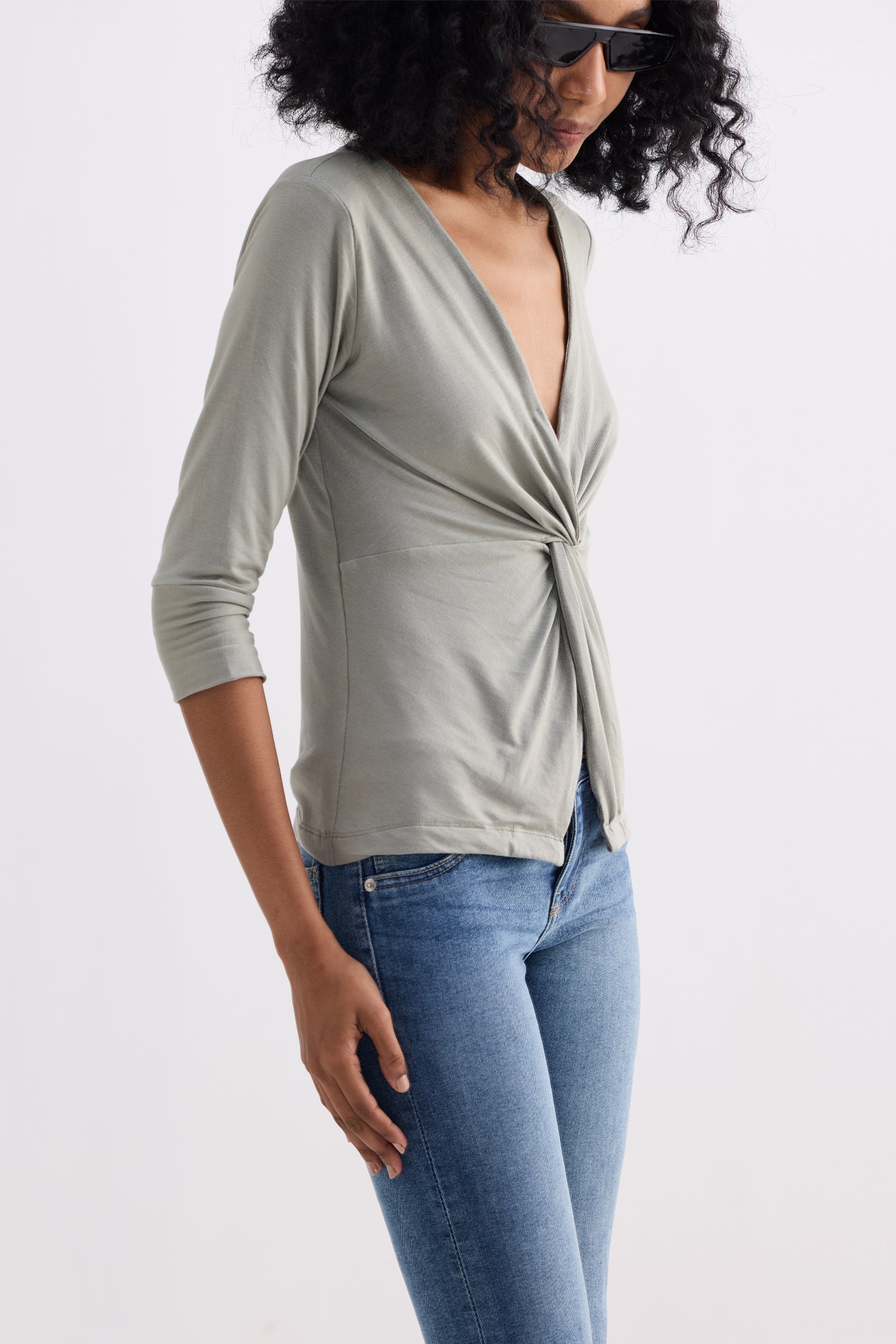 Twist Front Knit Shirt in Light Olive Closeup