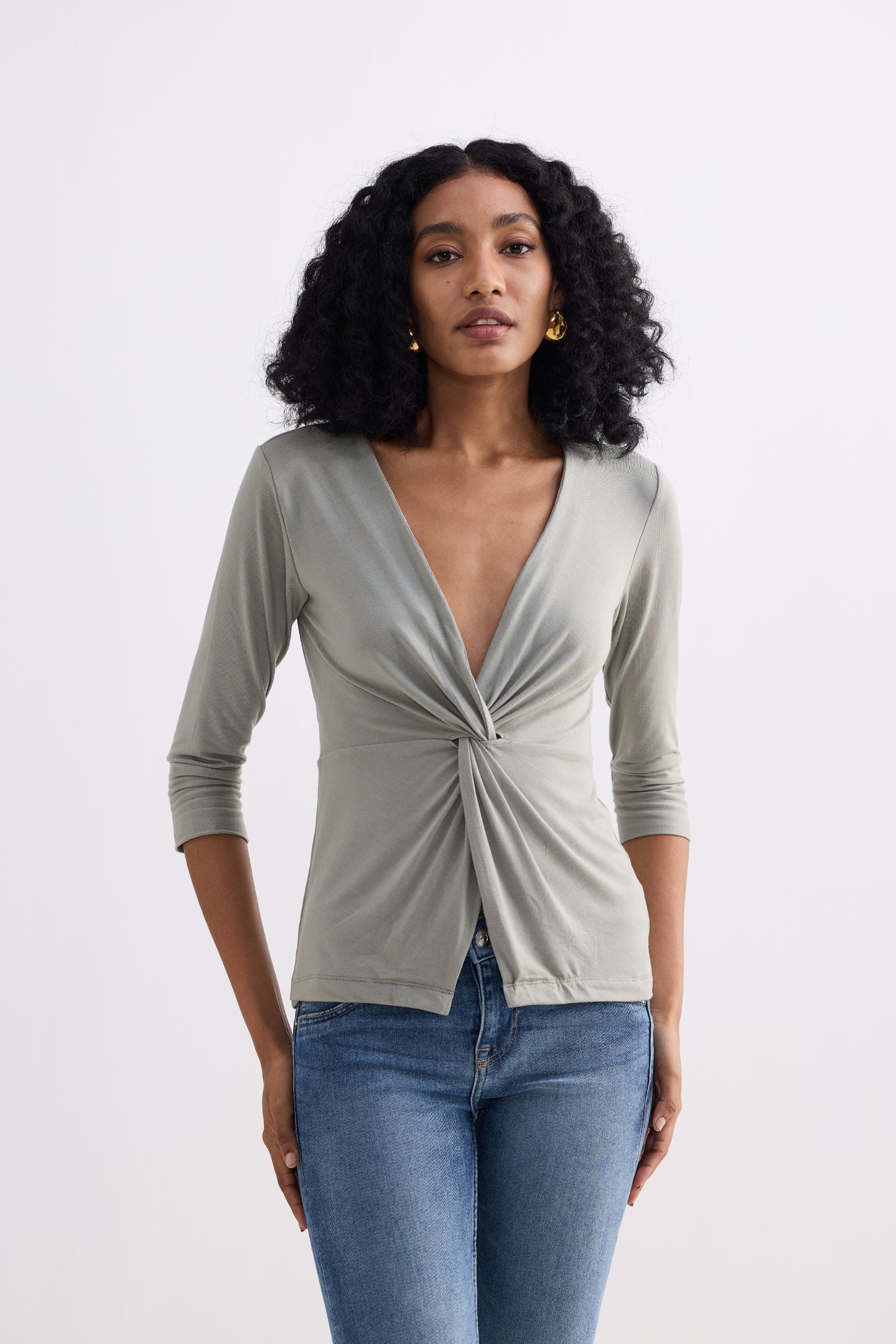 Twist Front Knit Shirt in Light Olive Longshot