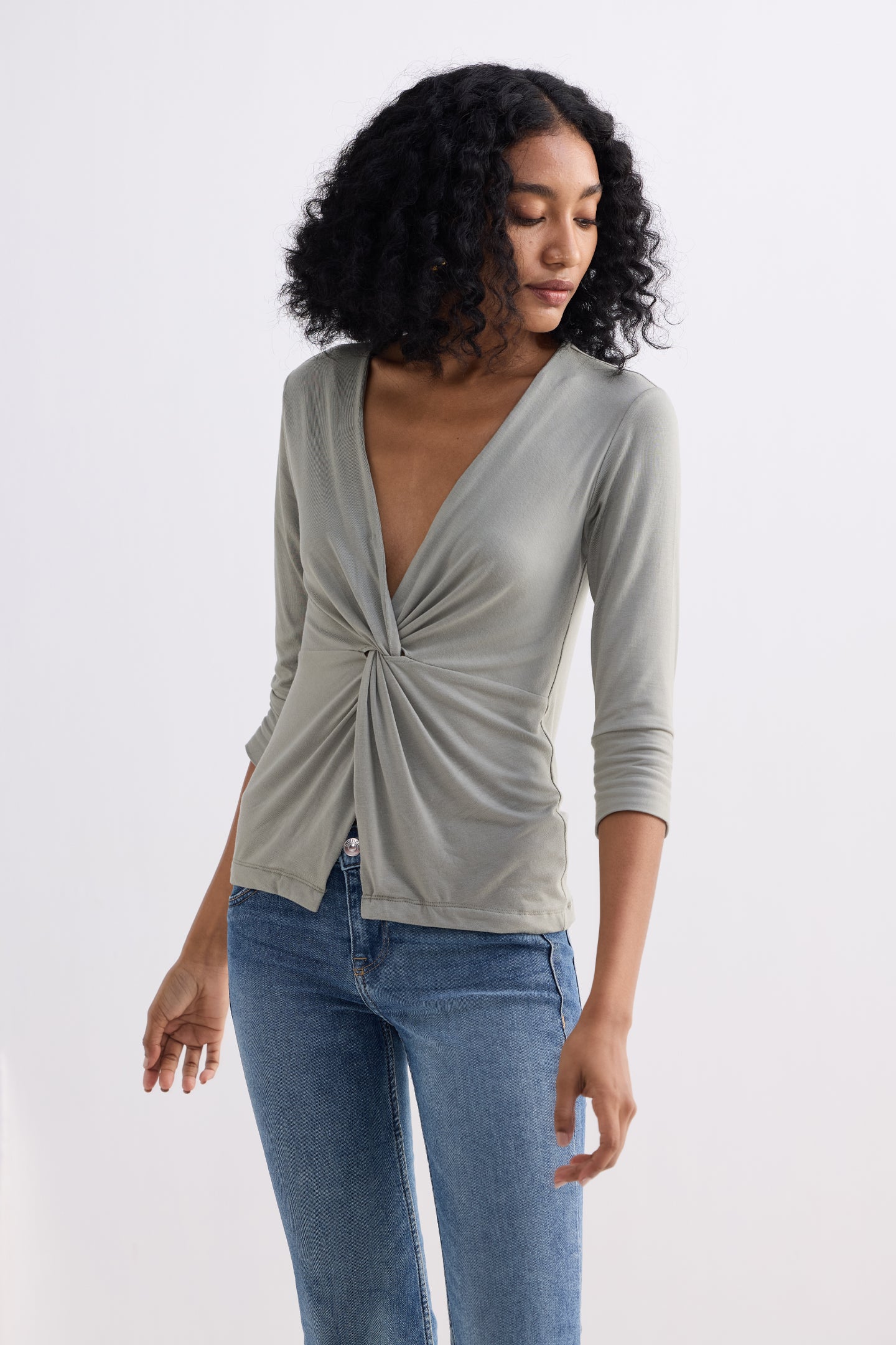 Twist Front Knit Shirt in Light Olive Longshot