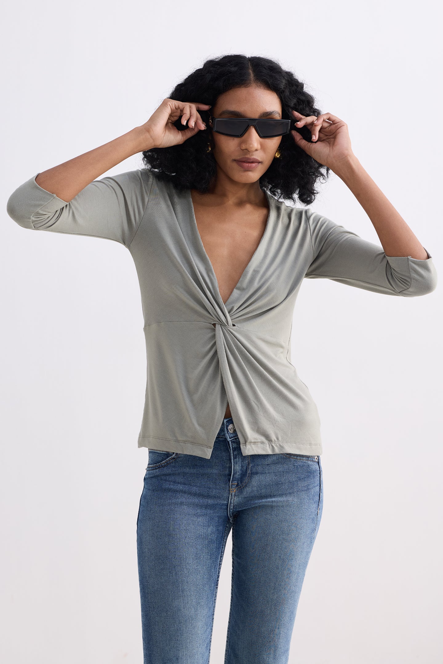 Twist Front Knit Shirt in Light Olive Longshot