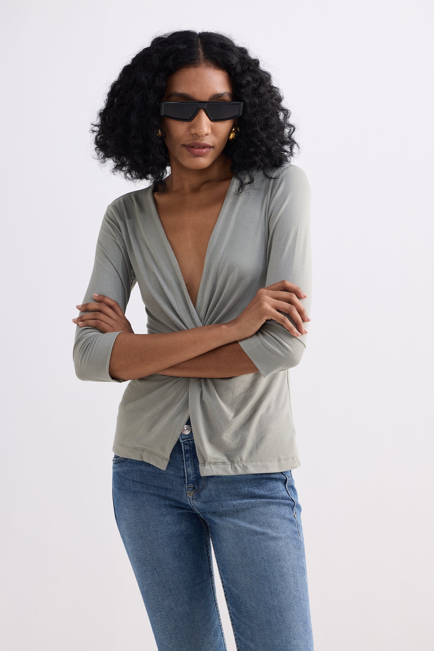 Twist Front Knit Shirt in Light Olive Longshot