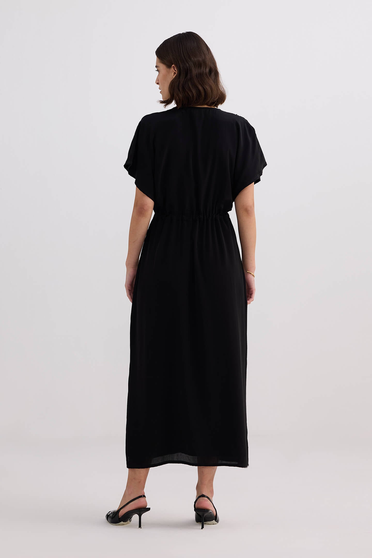 V-neck Gathered Maxi Dress in Black Longshot