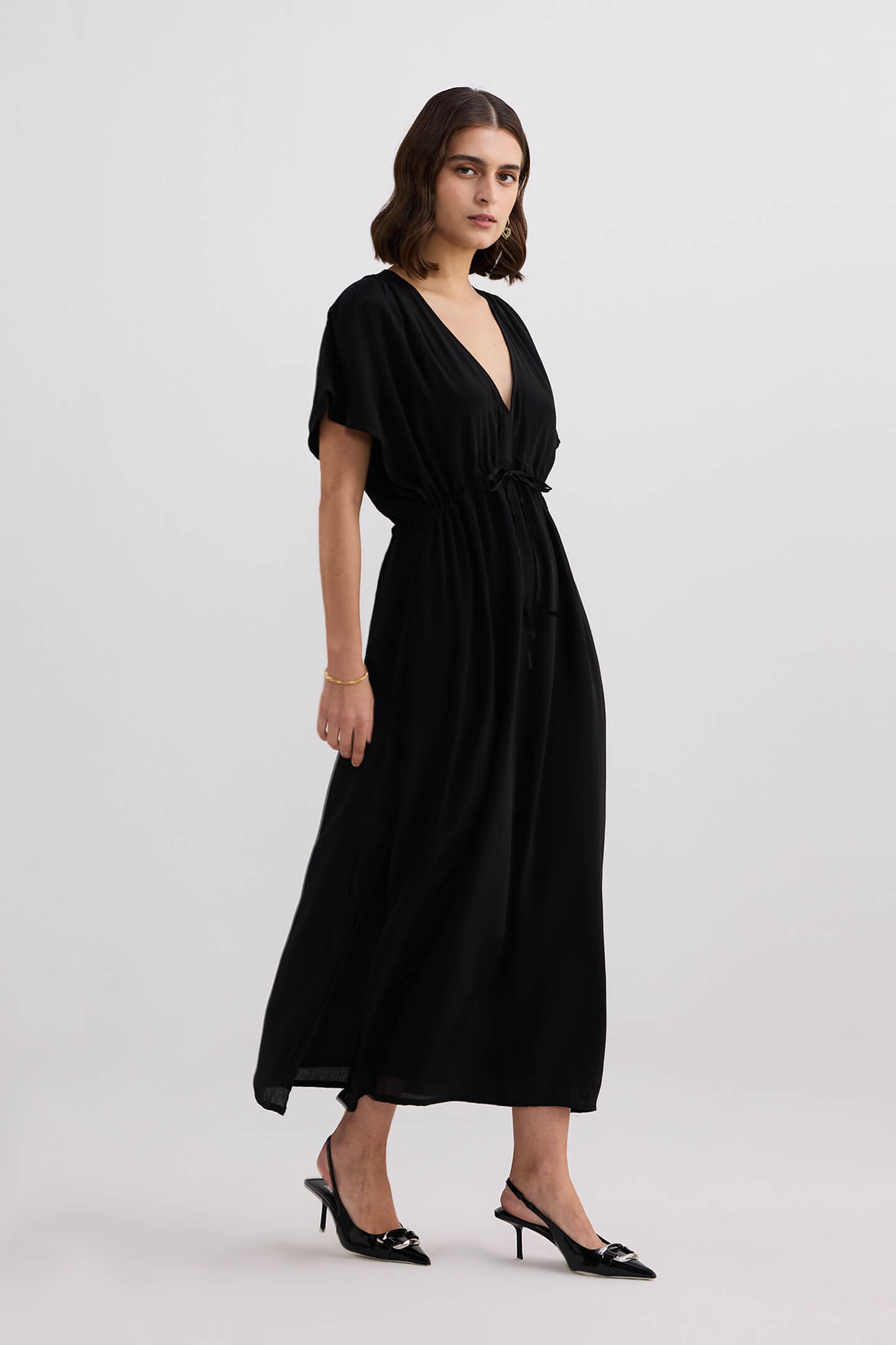 V-neck Gathered Maxi Dress in Black Longshot